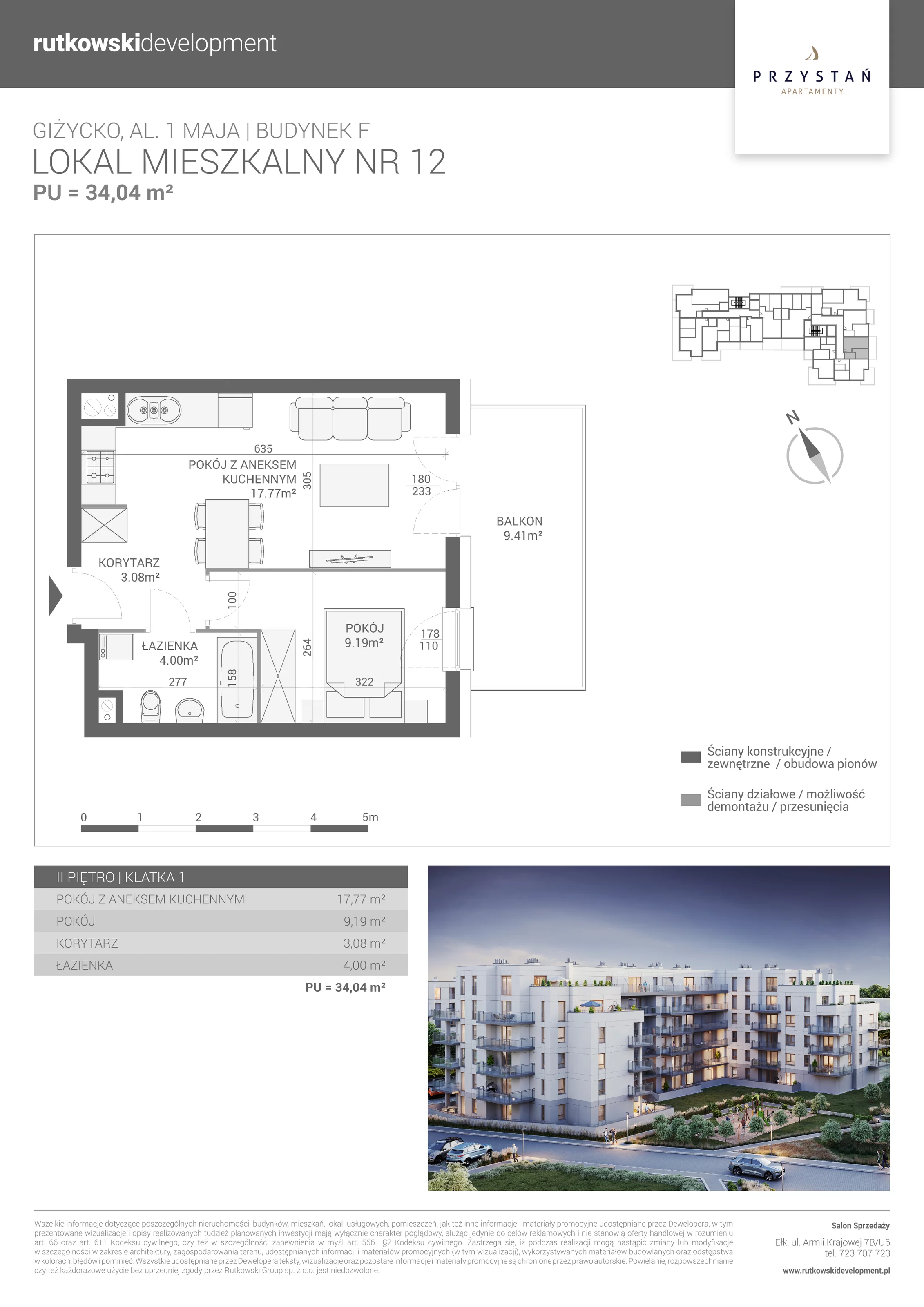 2 pokoje, mieszkanie 34,04 m², piętro 2, oferta nr M-12, Apartamenty Przystań - Etap F, Giżycko, al. 1 Maja 34