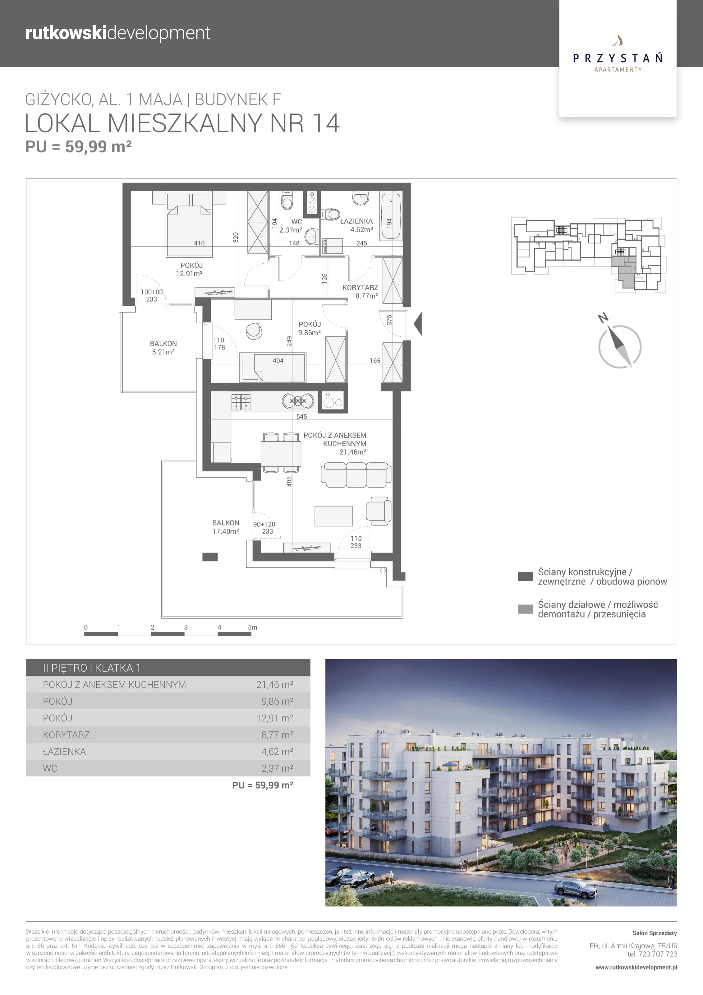 3 pokoje, mieszkanie 59,99 m², piętro 2, oferta nr M-14, Apartamenty Przystań - Etap F, Giżycko, al. 1 Maja 34