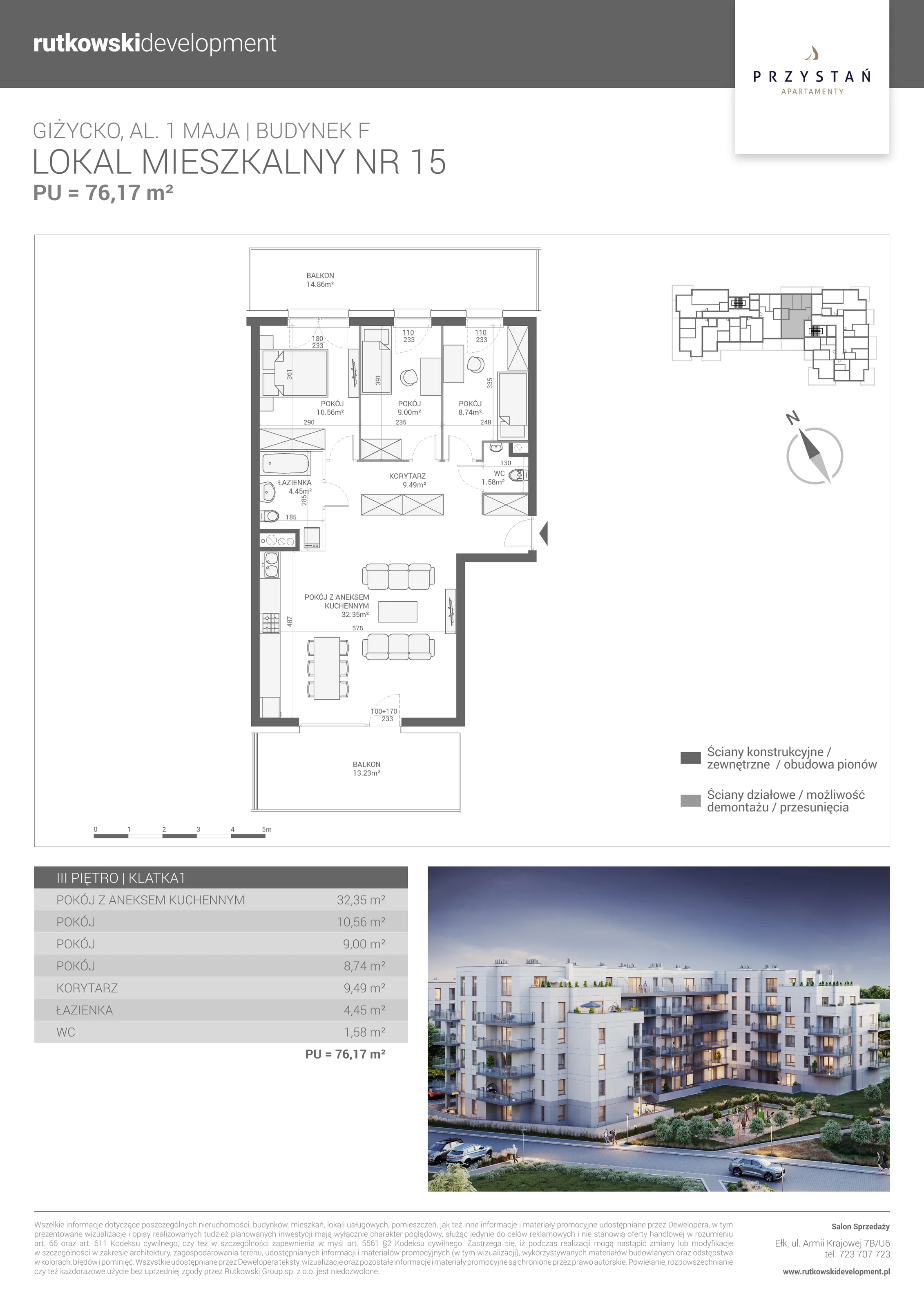 4 pokoje, mieszkanie 76,17 m², piętro 3, oferta nr M-15, Apartamenty Przystań - Etap F, Giżycko, al. 1 Maja 34