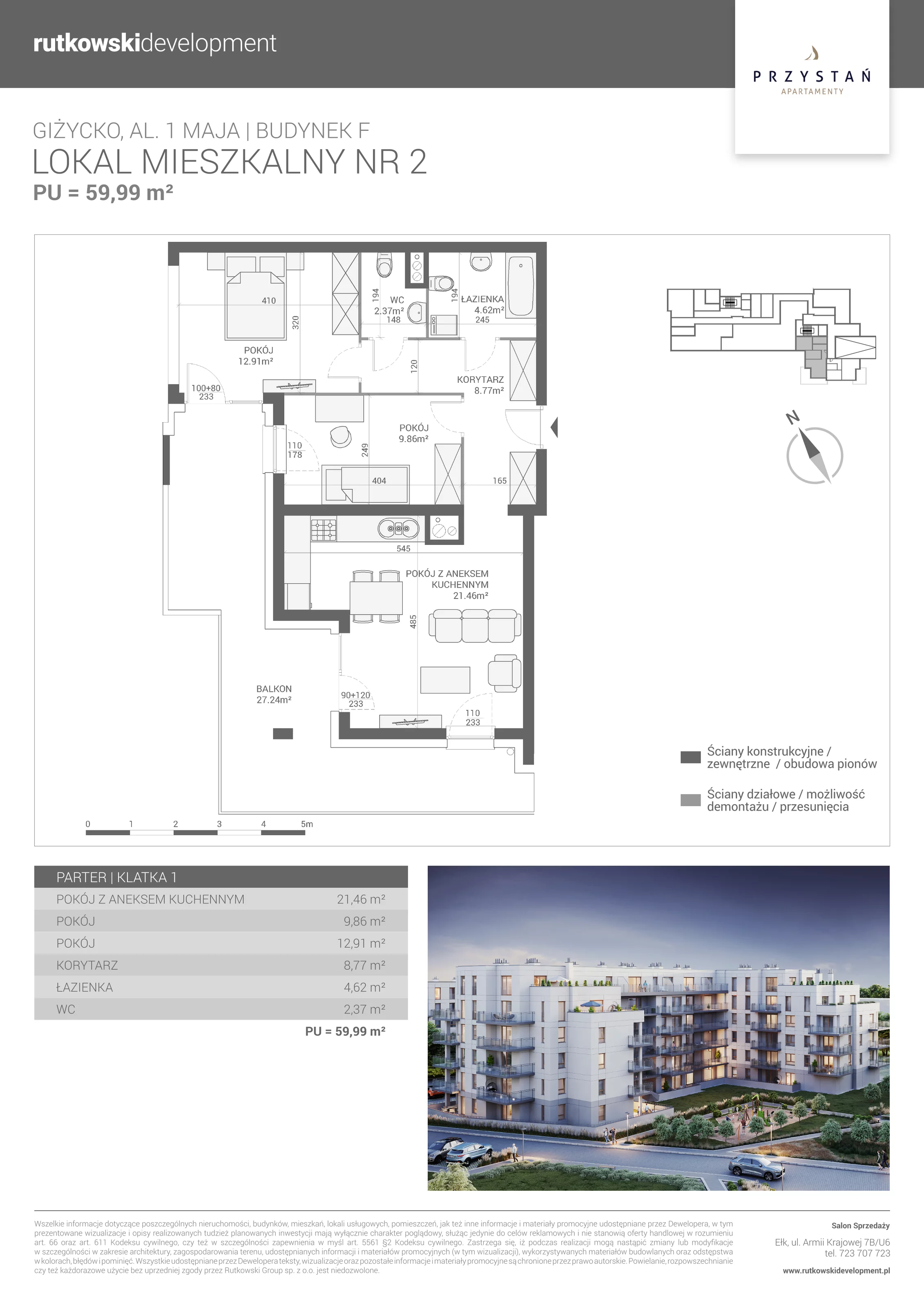 3 pokoje, mieszkanie 59,99 m², parter, oferta nr M-2, Apartamenty Przystań - Etap F, Giżycko, al. 1 Maja 34
