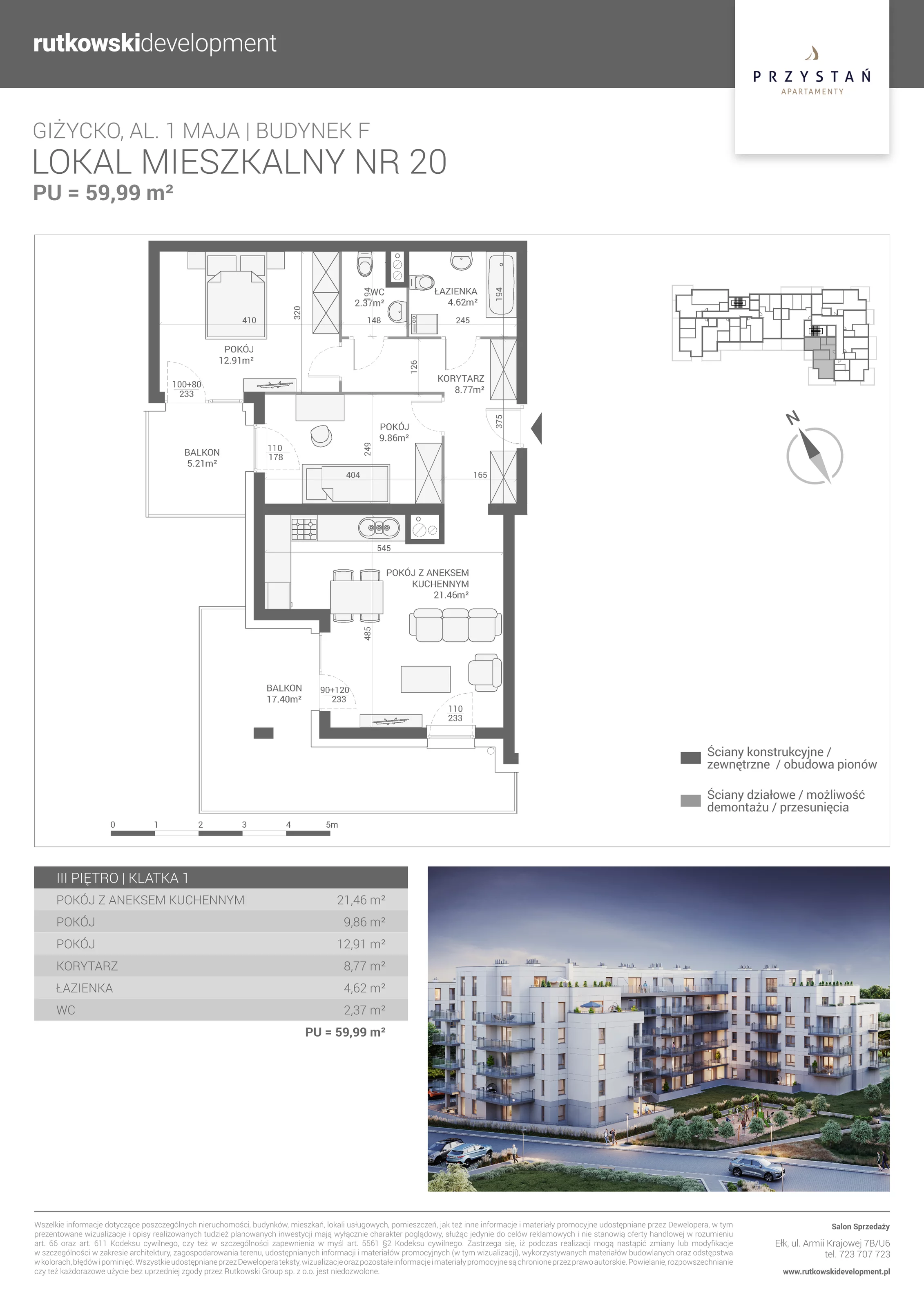 3 pokoje, mieszkanie 59,99 m², piętro 3, oferta nr M-20, Apartamenty Przystań - Etap F, Giżycko, al. 1 Maja 34