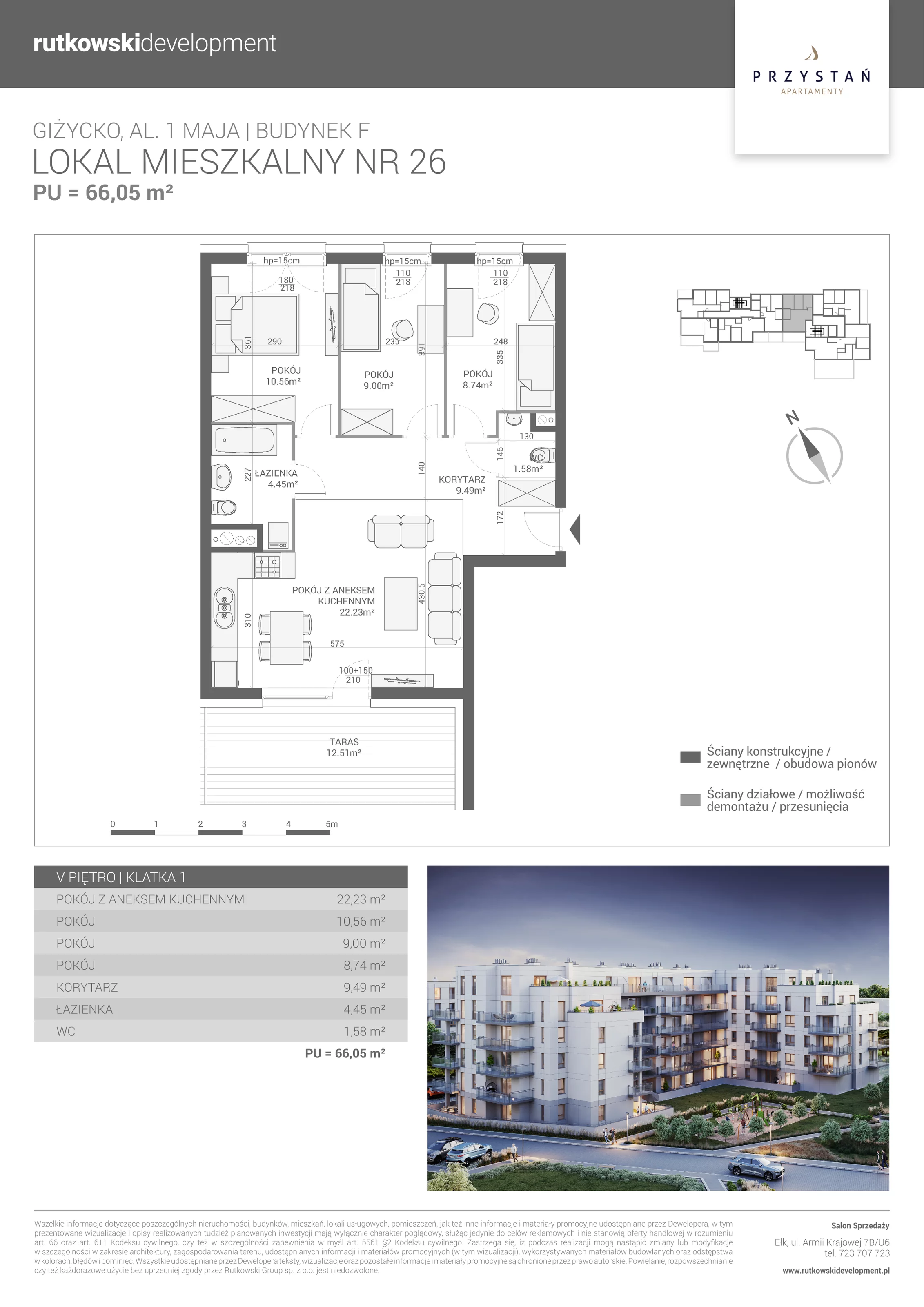 3 pokoje, mieszkanie 66,05 m², piętro 5, oferta nr M-26, Apartamenty Przystań - Etap F, Giżycko, al. 1 Maja 34