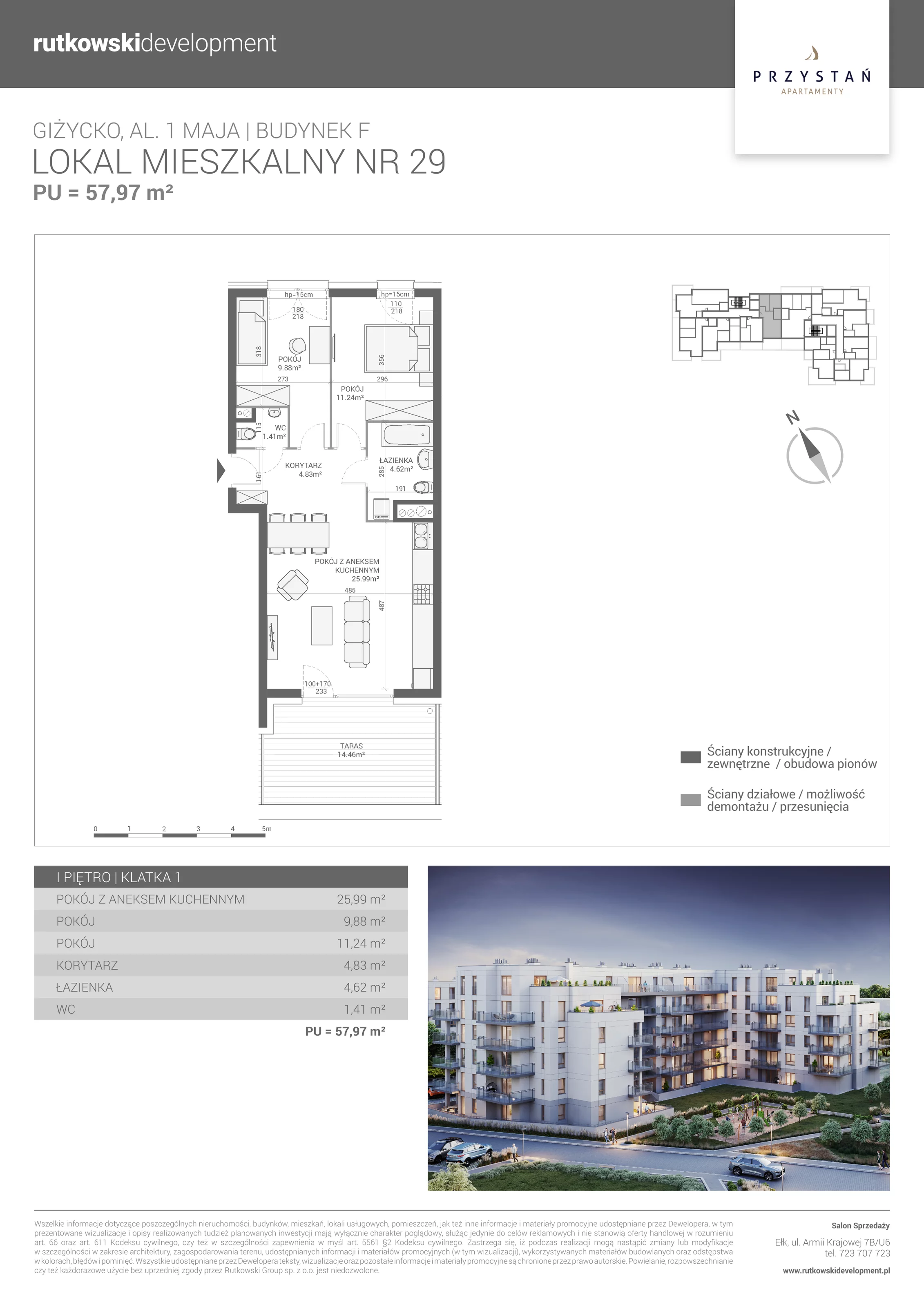 3 pokoje, mieszkanie 57,97 m², piętro 1, oferta nr M-29, Apartamenty Przystań - Etap F, Giżycko, al. 1 Maja 34
