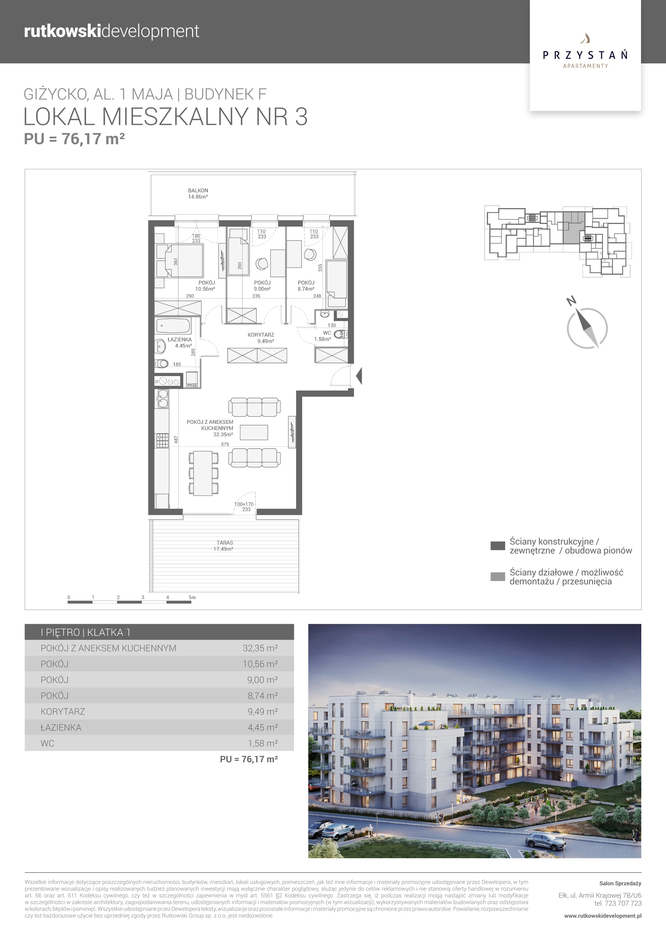 4 pokoje, mieszkanie 76,17 m², piętro 1, oferta nr M-3, Apartamenty Przystań - Etap F, Giżycko, al. 1 Maja 34