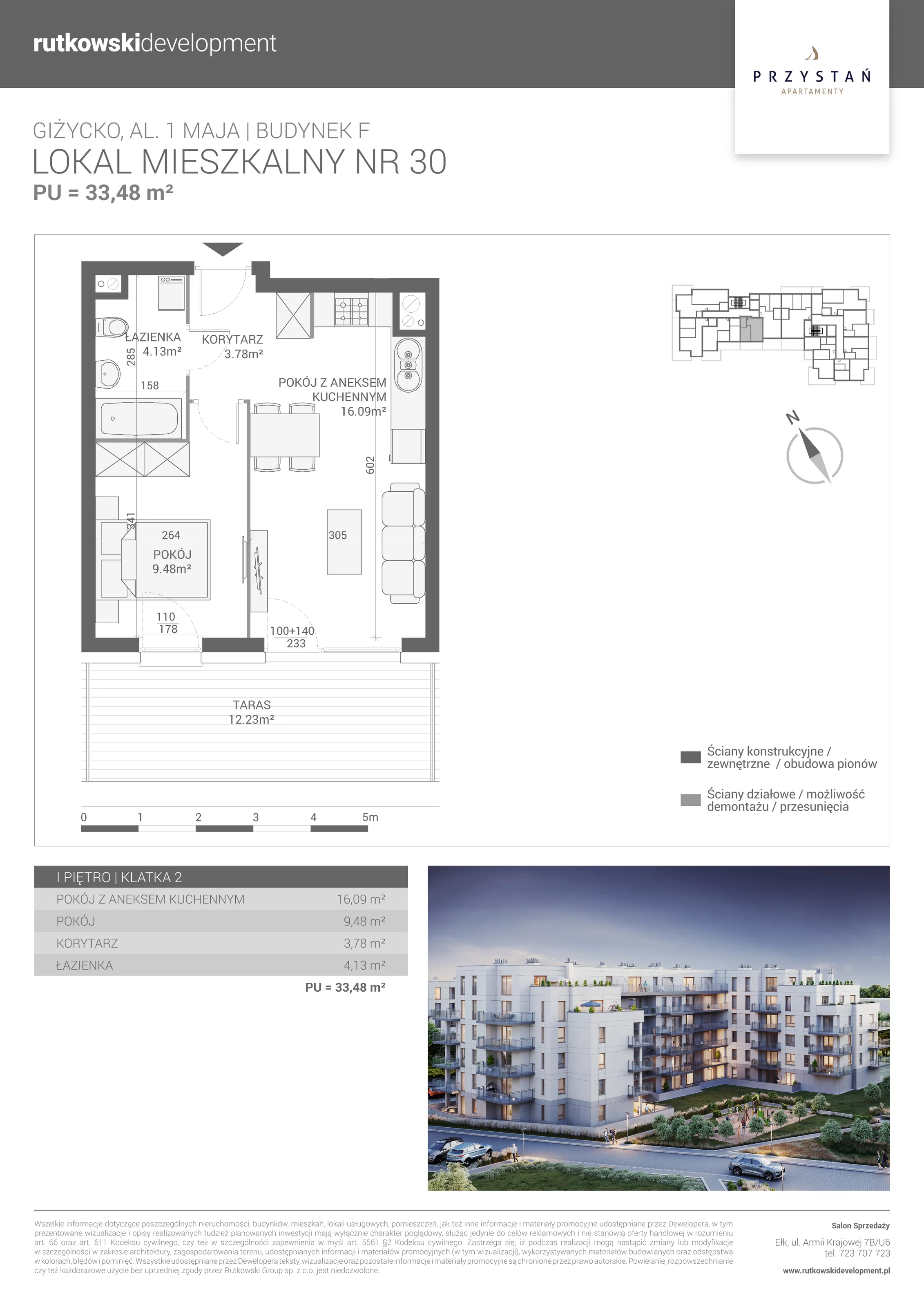 2 pokoje, mieszkanie 33,48 m², piętro 1, oferta nr M-30, Apartamenty Przystań - Etap F, Giżycko, al. 1 Maja 34