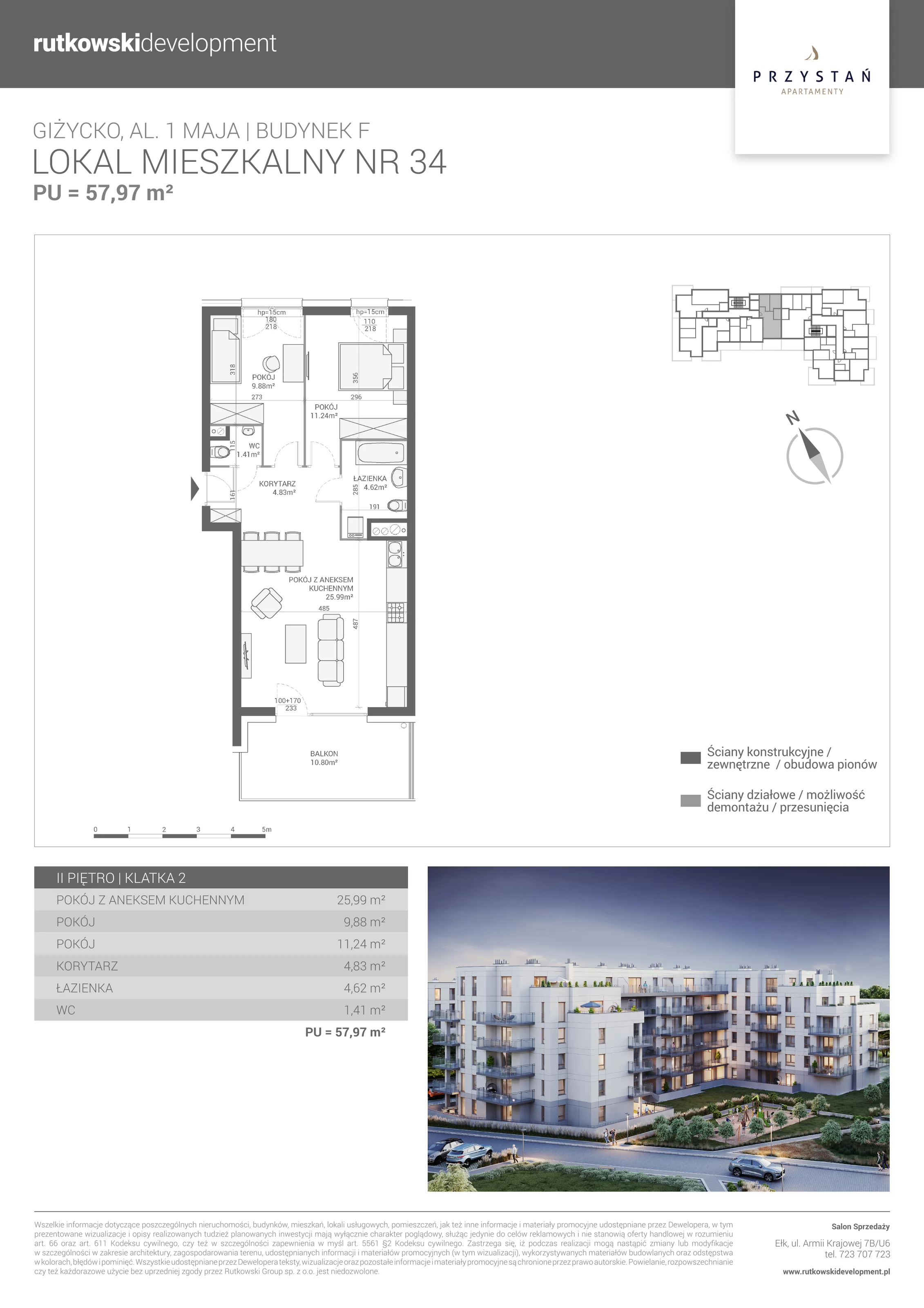 3 pokoje, mieszkanie 57,97 m², piętro 2, oferta nr M-34, Apartamenty Przystań - Etap F, Giżycko, al. 1 Maja 34