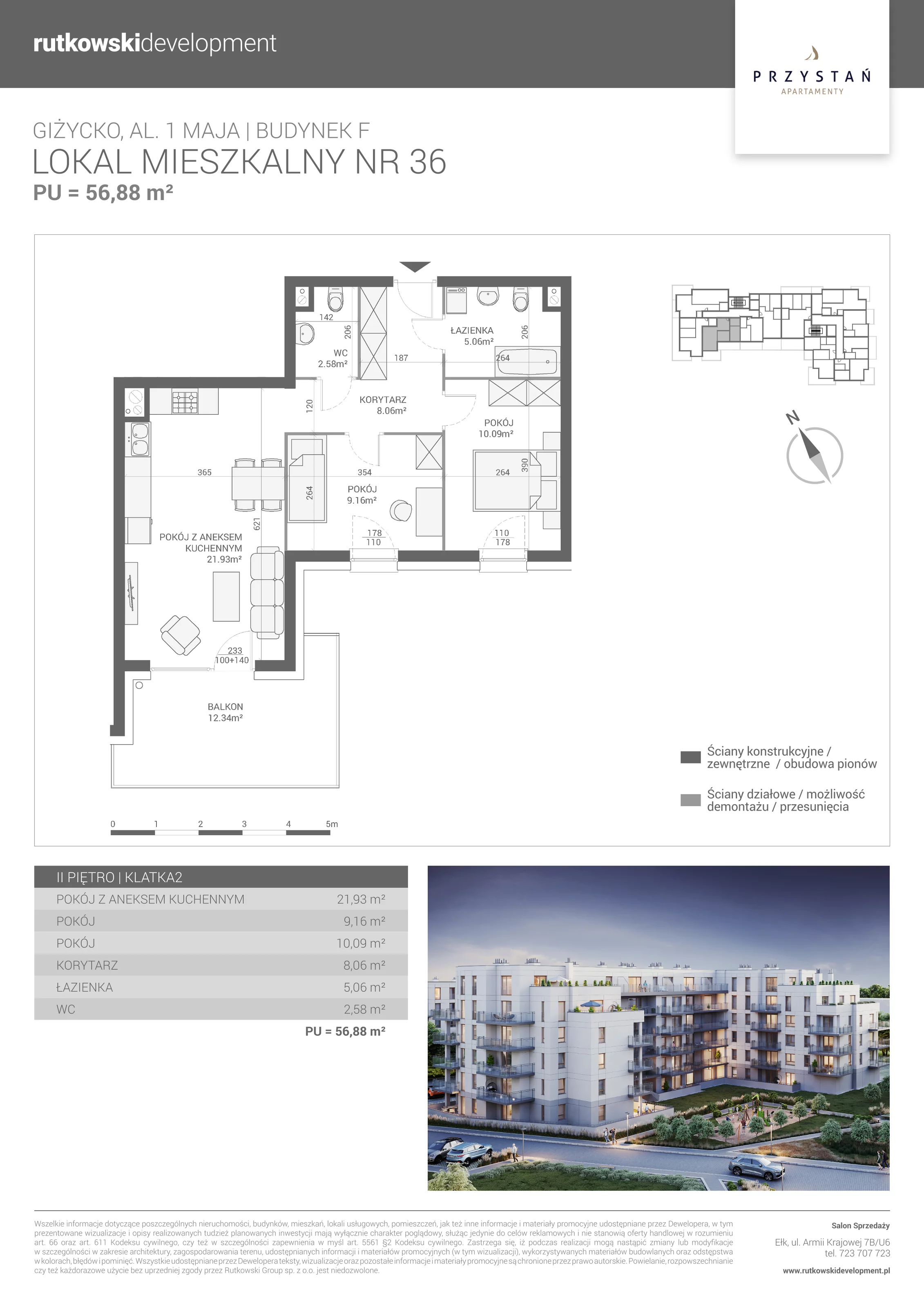 3 pokoje, mieszkanie 56,88 m², piętro 2, oferta nr M-36, Apartamenty Przystań - Etap F, Giżycko, al. 1 Maja 34