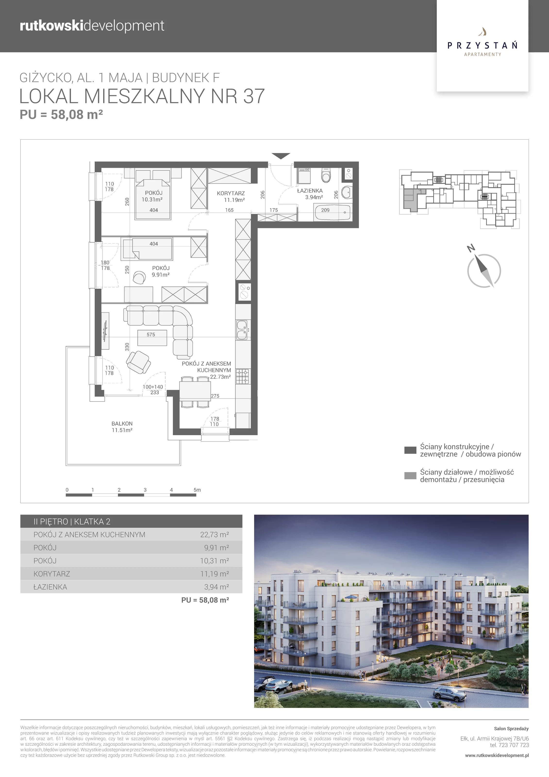 3 pokoje, mieszkanie 58,08 m², piętro 2, oferta nr M-37, Apartamenty Przystań - Etap F, Giżycko, al. 1 Maja 34