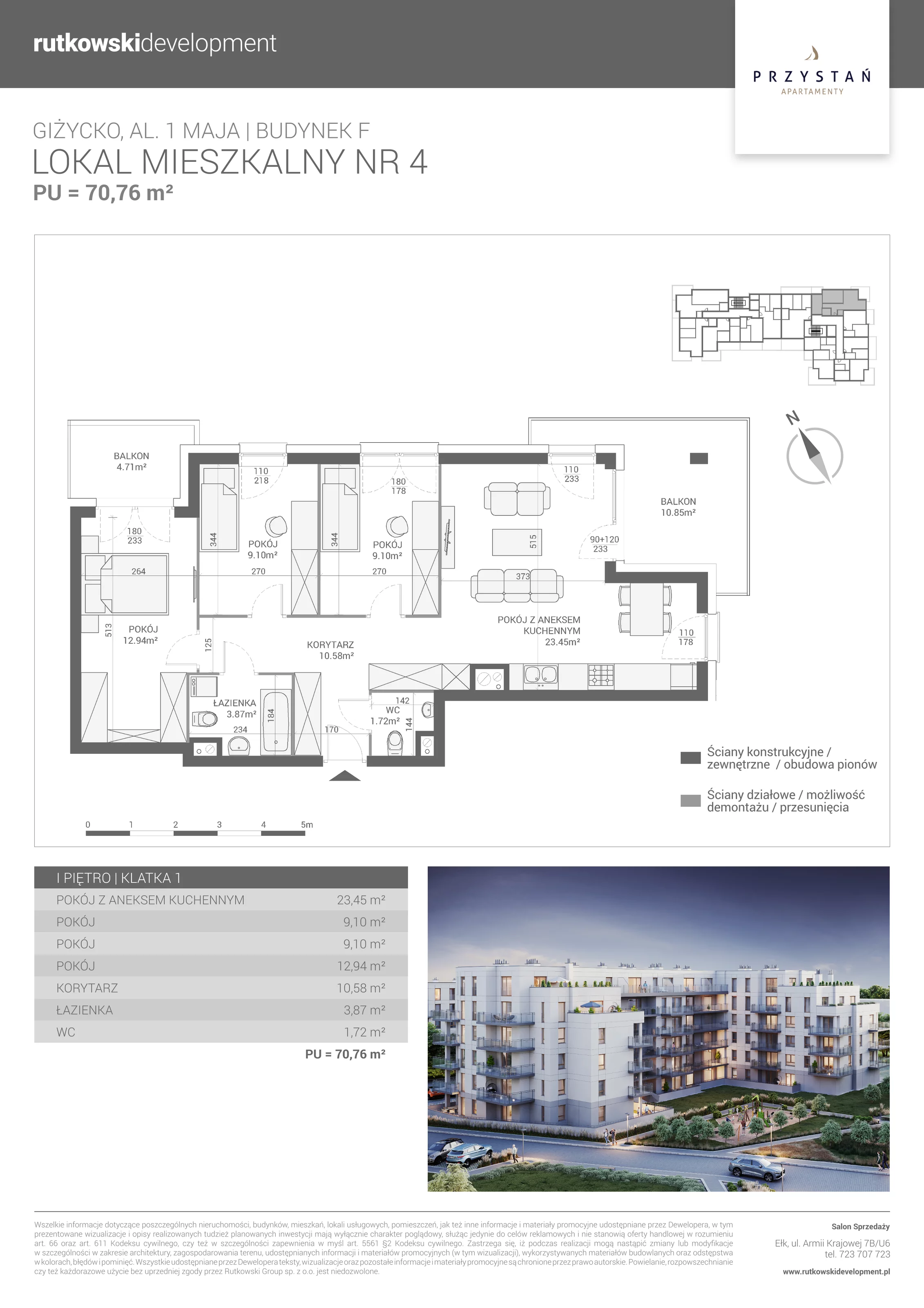 4 pokoje, mieszkanie 70,76 m², piętro 1, oferta nr M-4, Apartamenty Przystań - Etap F, Giżycko, al. 1 Maja 34