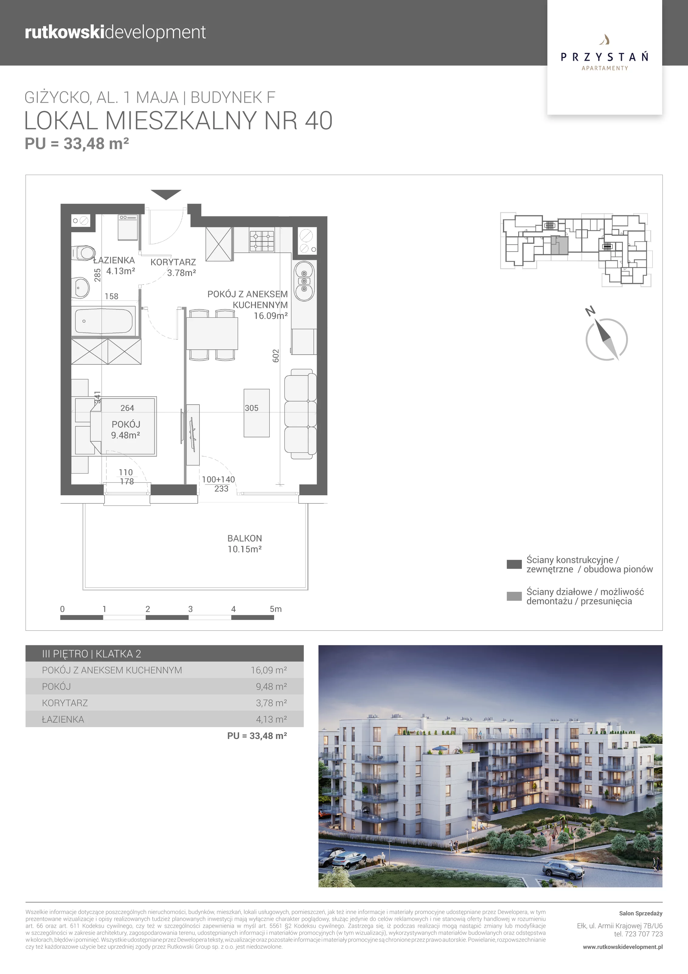 2 pokoje, mieszkanie 33,48 m², piętro 3, oferta nr M-40, Apartamenty Przystań - Etap F, Giżycko, al. 1 Maja 34