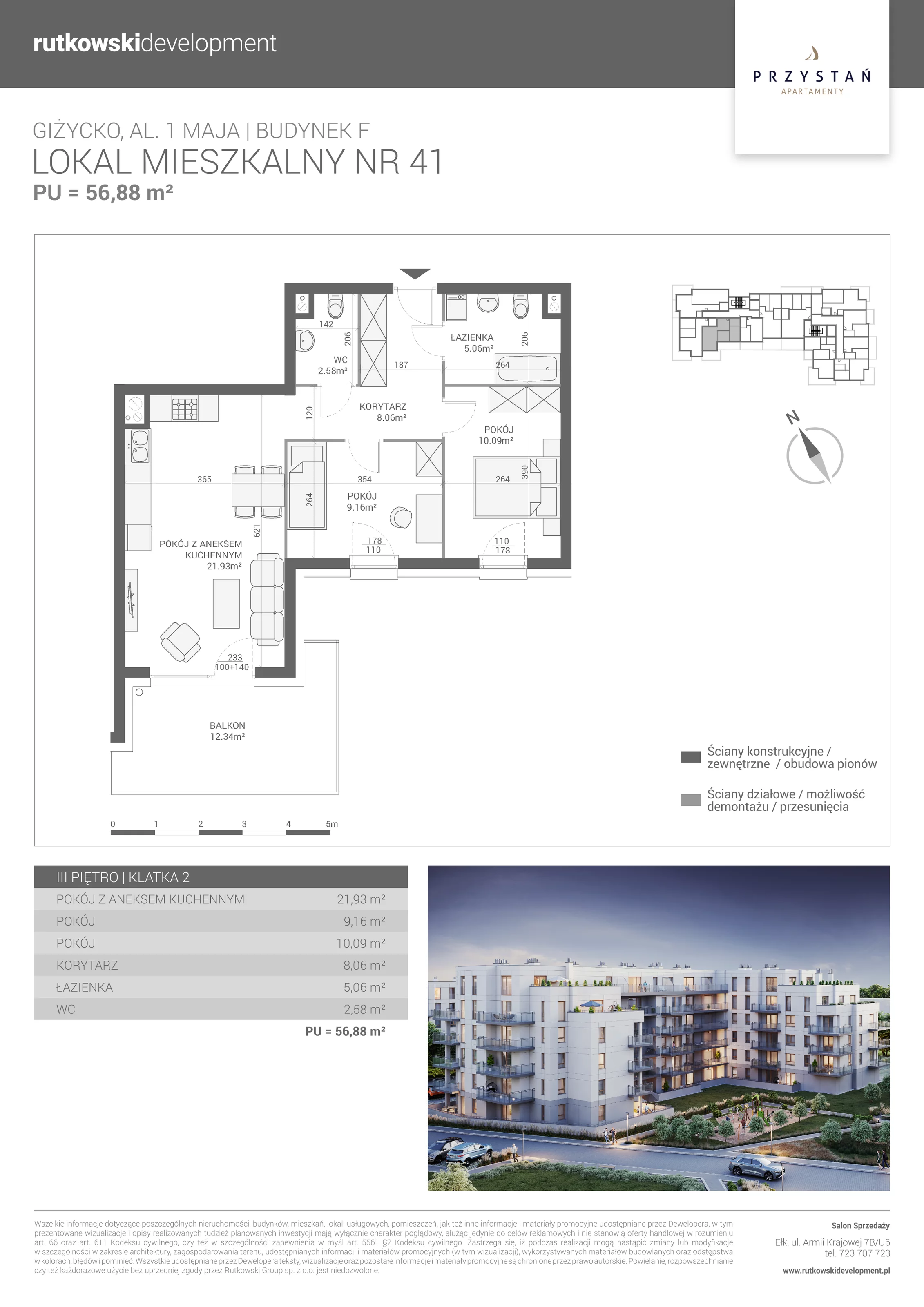 3 pokoje, mieszkanie 56,88 m², piętro 3, oferta nr M-41, Apartamenty Przystań - Etap F, Giżycko, al. 1 Maja 34