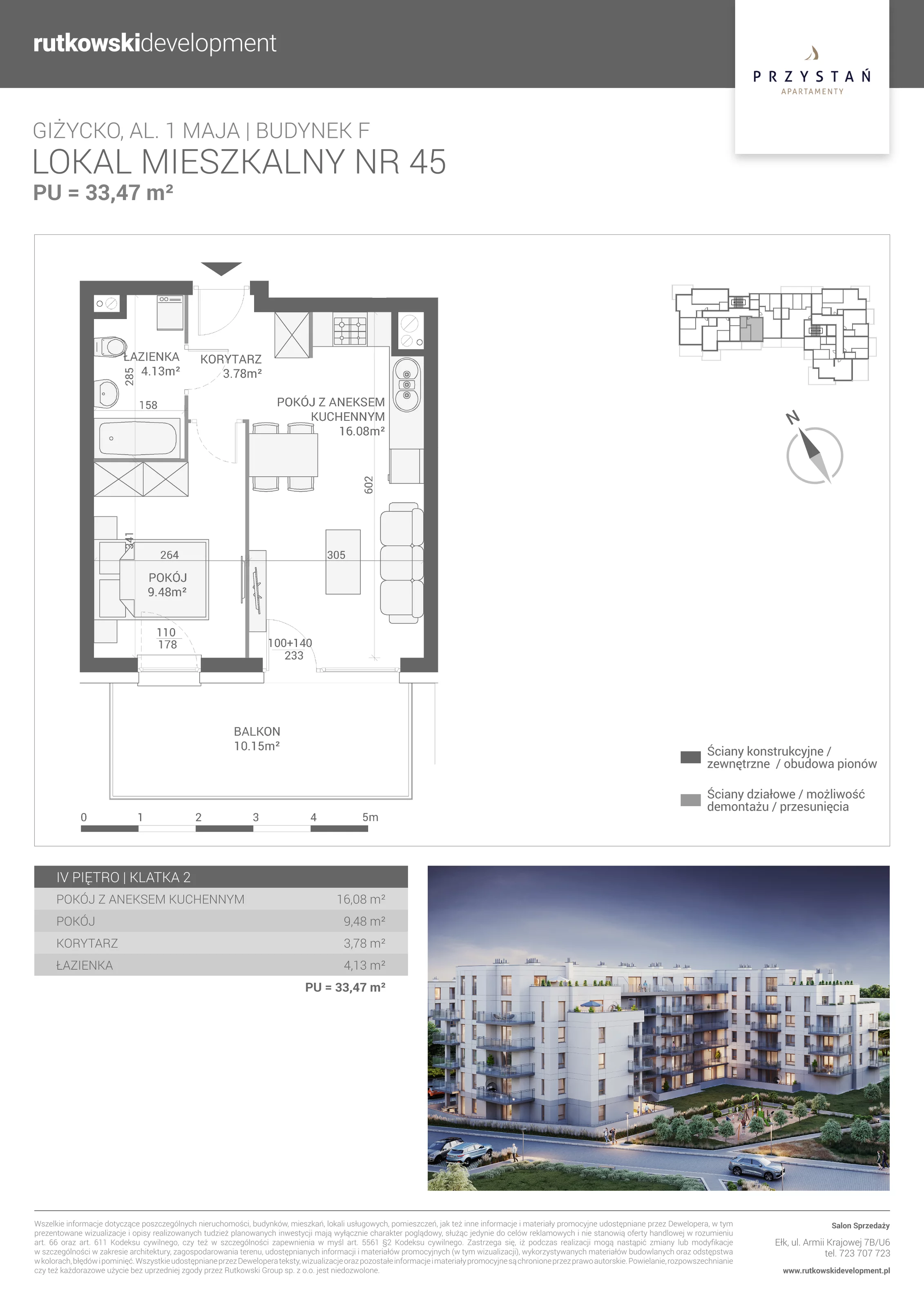 2 pokoje, mieszkanie 33,47 m², piętro 4, oferta nr M-45, Apartamenty Przystań - Etap F, Giżycko, al. 1 Maja 34