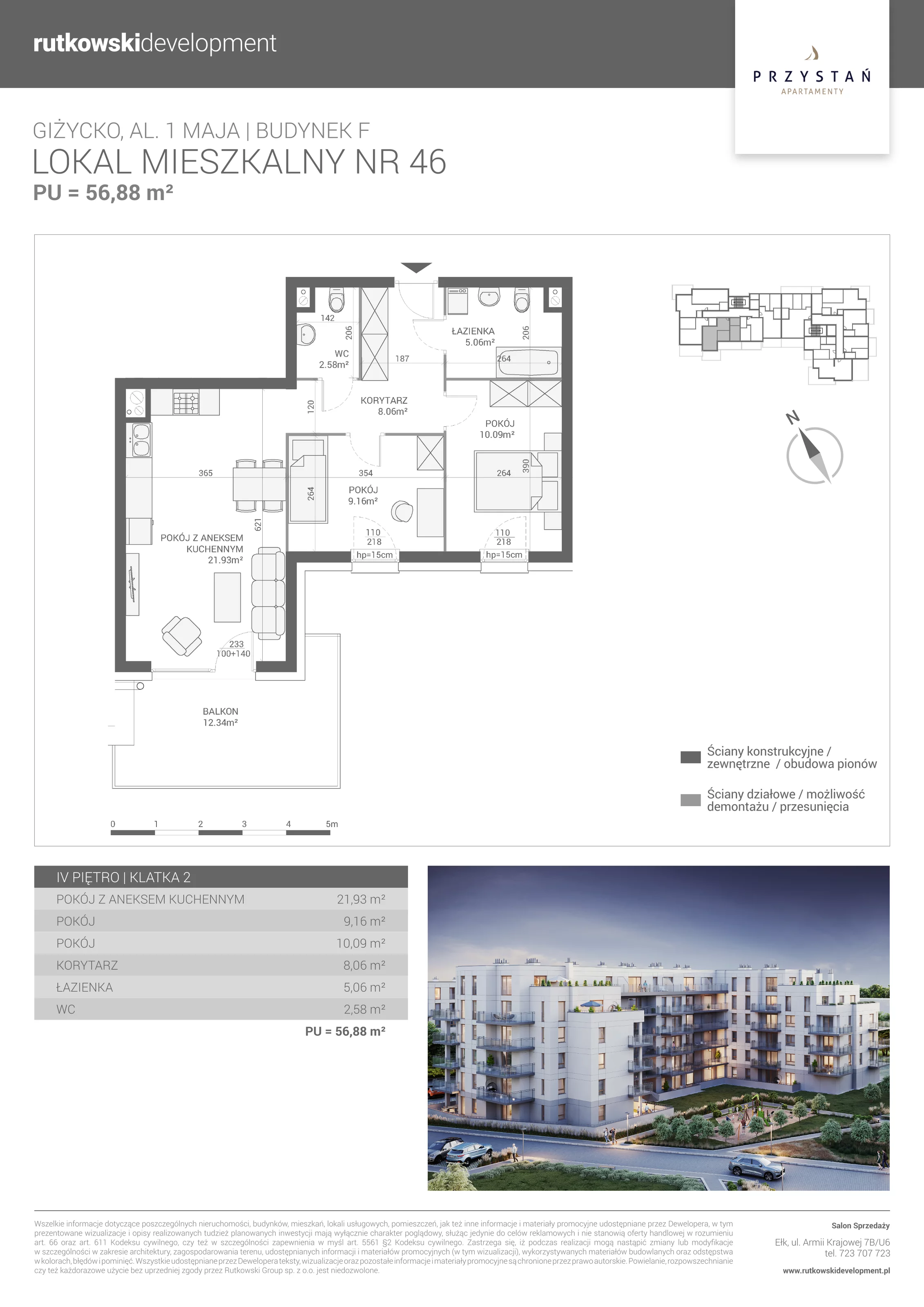 3 pokoje, mieszkanie 56,88 m², piętro 4, oferta nr M-46, Apartamenty Przystań - Etap F, Giżycko, al. 1 Maja 34