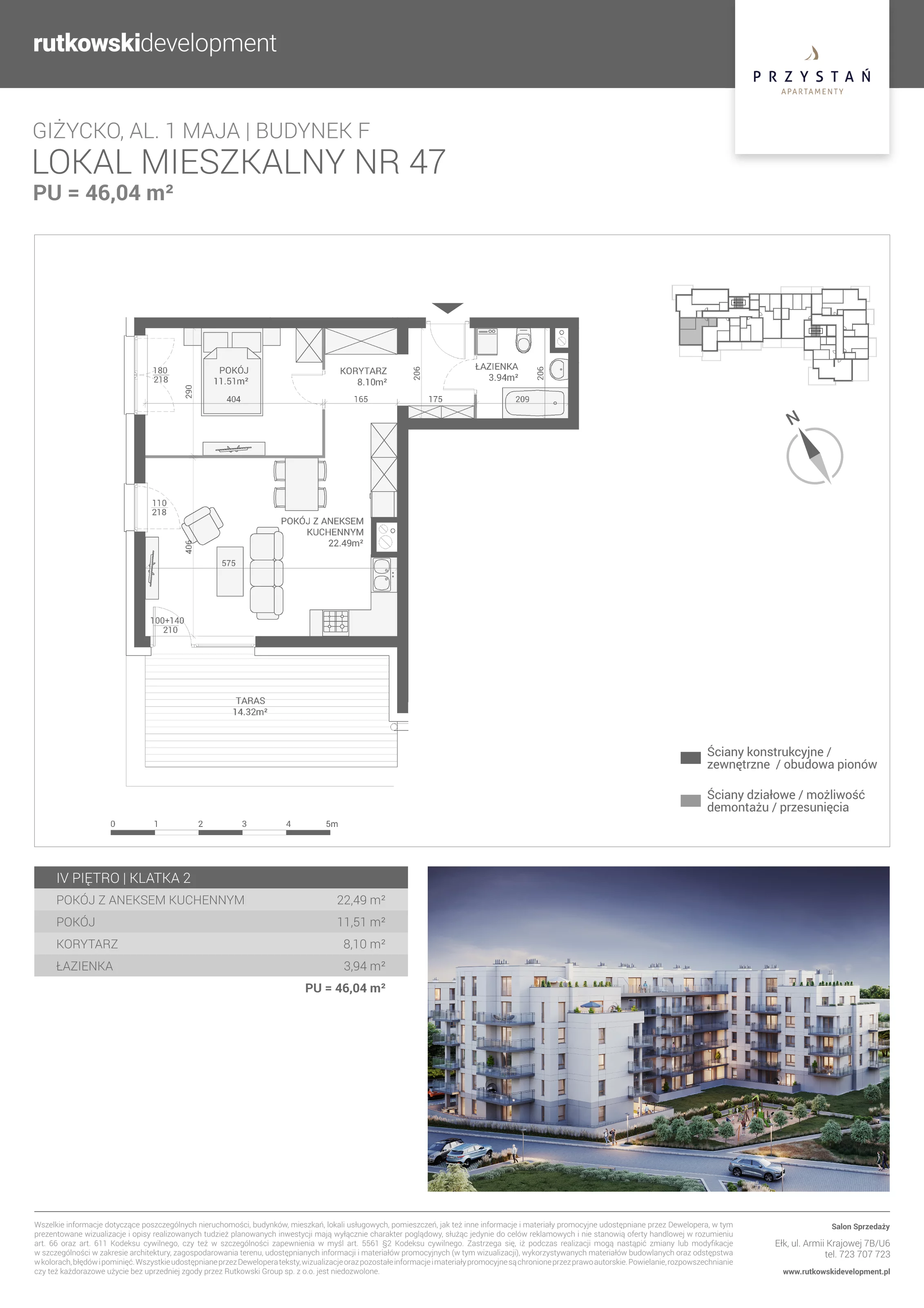 2 pokoje, mieszkanie 46,04 m², piętro 4, oferta nr M-47, Apartamenty Przystań - Etap F, Giżycko, al. 1 Maja 34