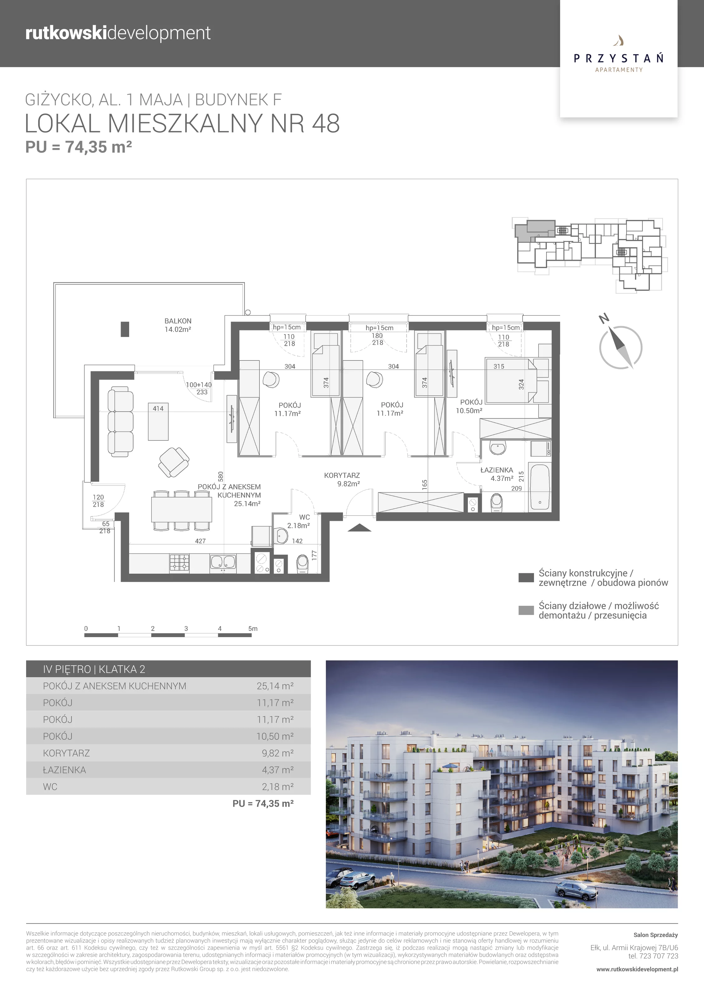 4 pokoje, mieszkanie 74,35 m², piętro 4, oferta nr M-48, Apartamenty Przystań - Etap F, Giżycko, al. 1 Maja 34