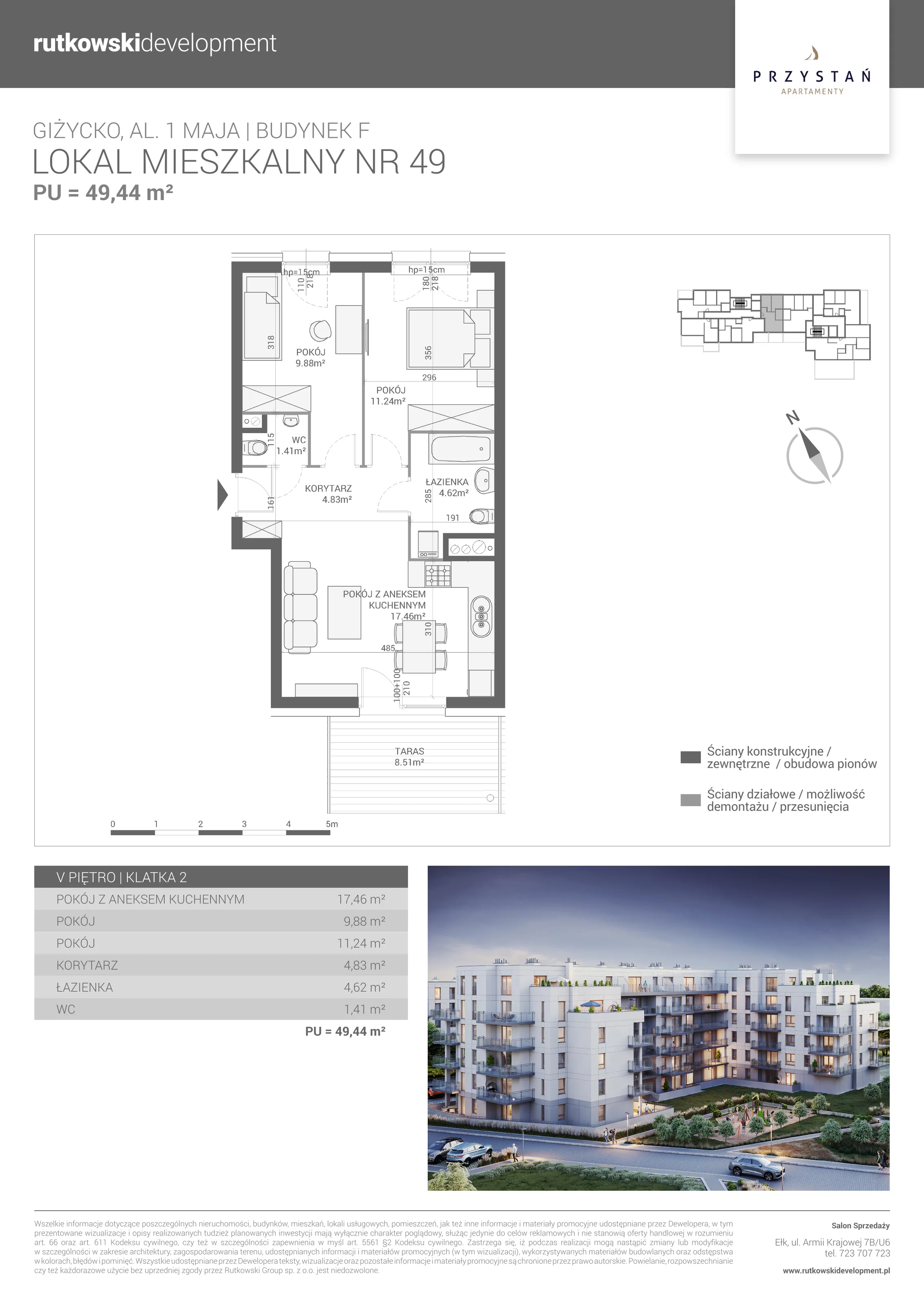 2 pokoje, mieszkanie 49,44 m², piętro 5, oferta nr M-49, Apartamenty Przystań - Etap F, Giżycko, al. 1 Maja 34