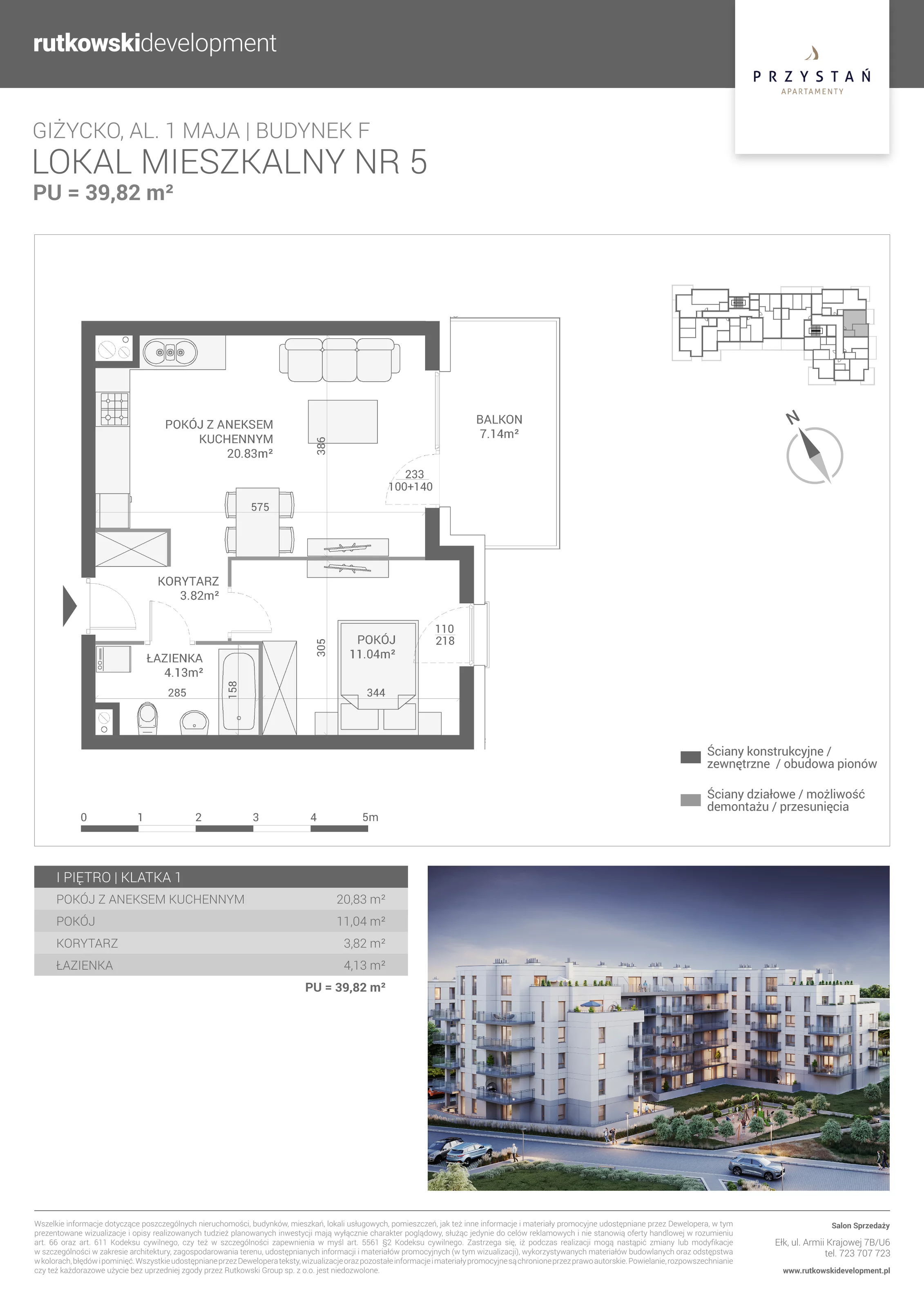 2 pokoje, mieszkanie 39,82 m², piętro 1, oferta nr M-5, Apartamenty Przystań - Etap F, Giżycko, al. 1 Maja 34