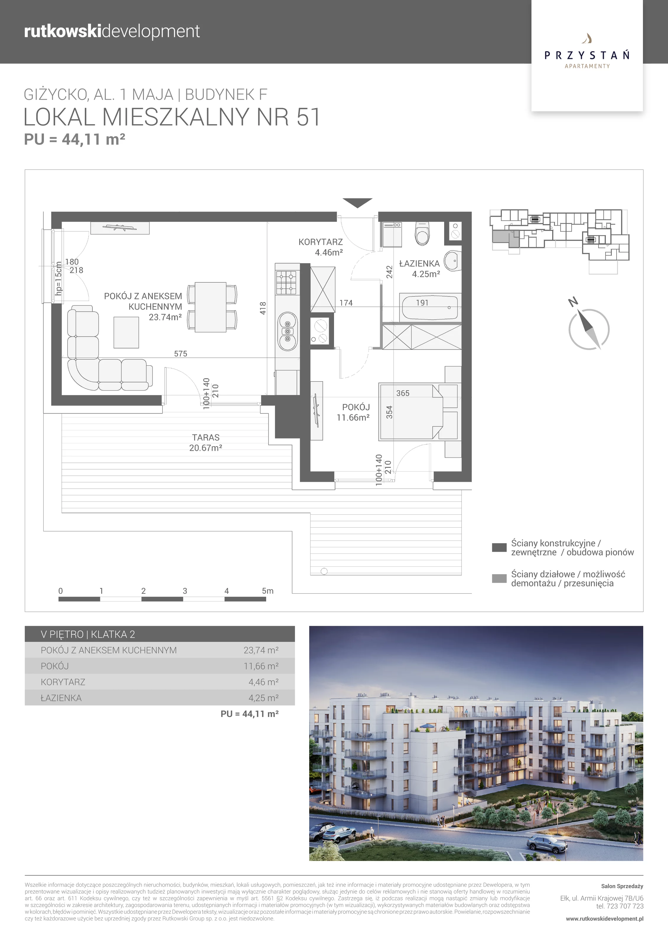 2 pokoje, mieszkanie 44,11 m², piętro 5, oferta nr M-51, Apartamenty Przystań - Etap F, Giżycko, al. 1 Maja 34