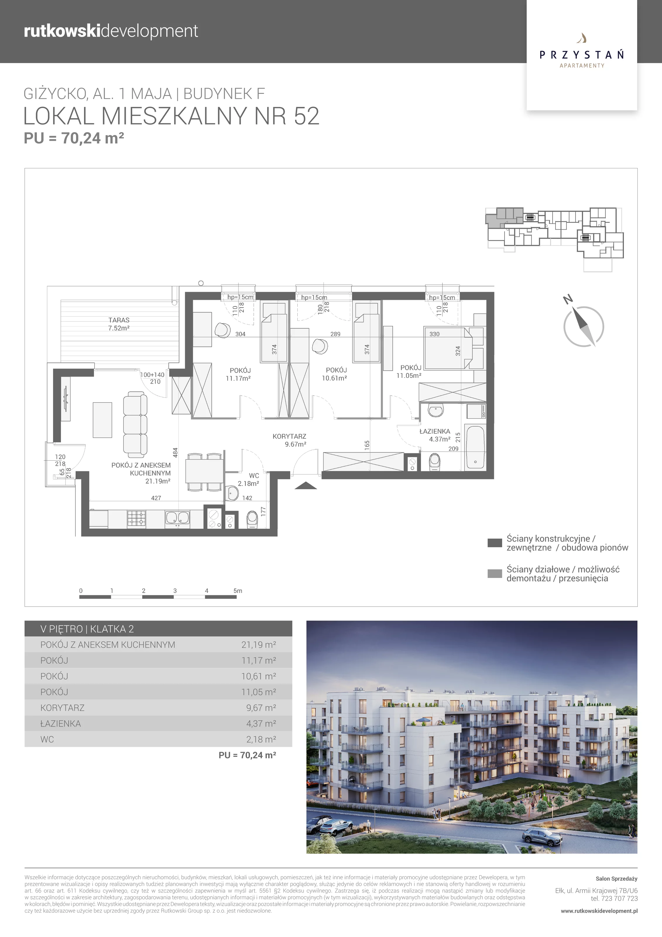 4 pokoje, mieszkanie 70,24 m², piętro 5, oferta nr M-52, Apartamenty Przystań - Etap F, Giżycko, al. 1 Maja 34