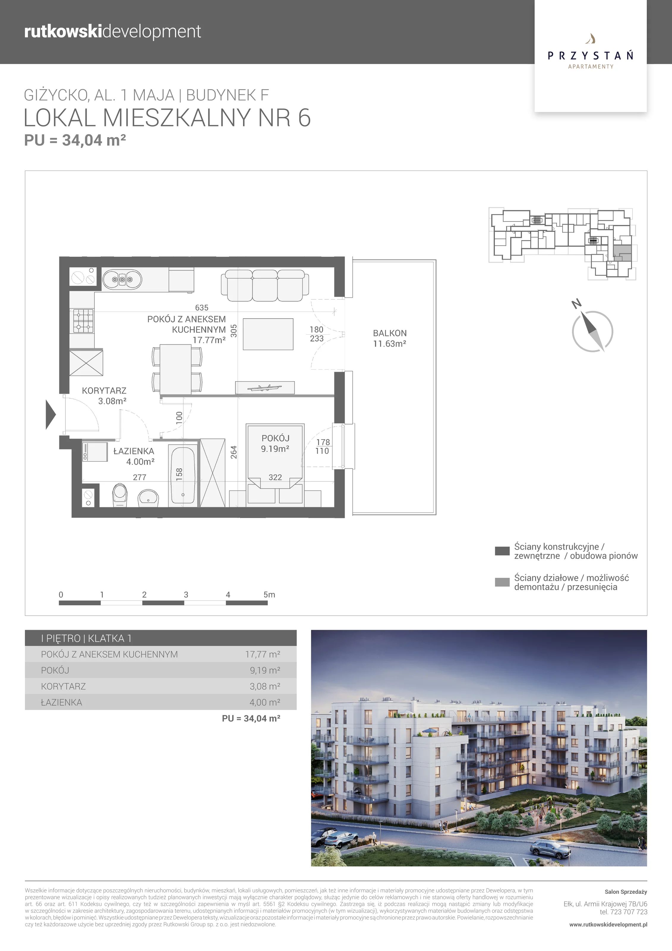 2 pokoje, mieszkanie 34,04 m², piętro 1, oferta nr M-6, Apartamenty Przystań - Etap F, Giżycko, al. 1 Maja 34