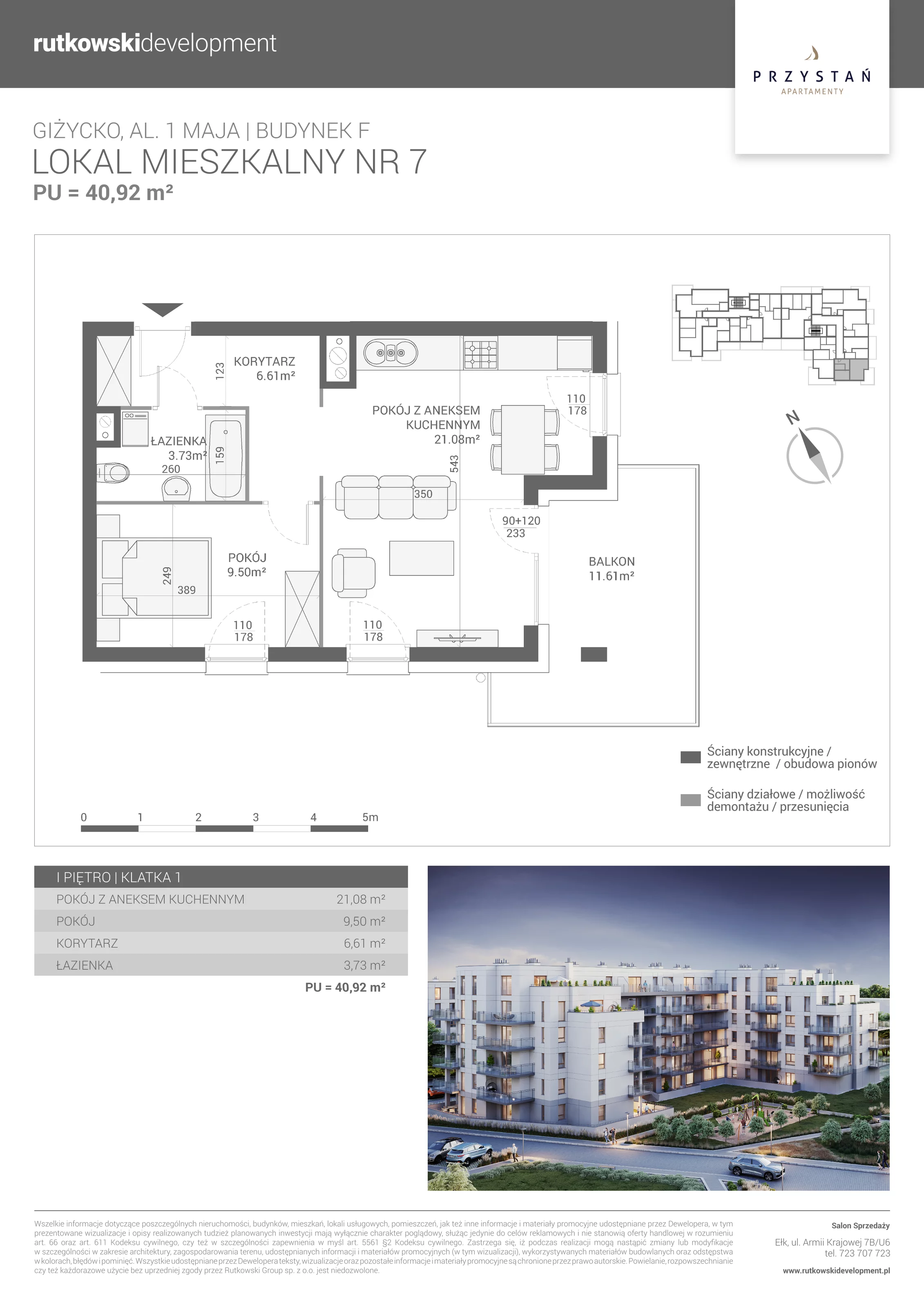2 pokoje, mieszkanie 40,92 m², piętro 1, oferta nr M-7, Apartamenty Przystań - Etap F, Giżycko, al. 1 Maja 34