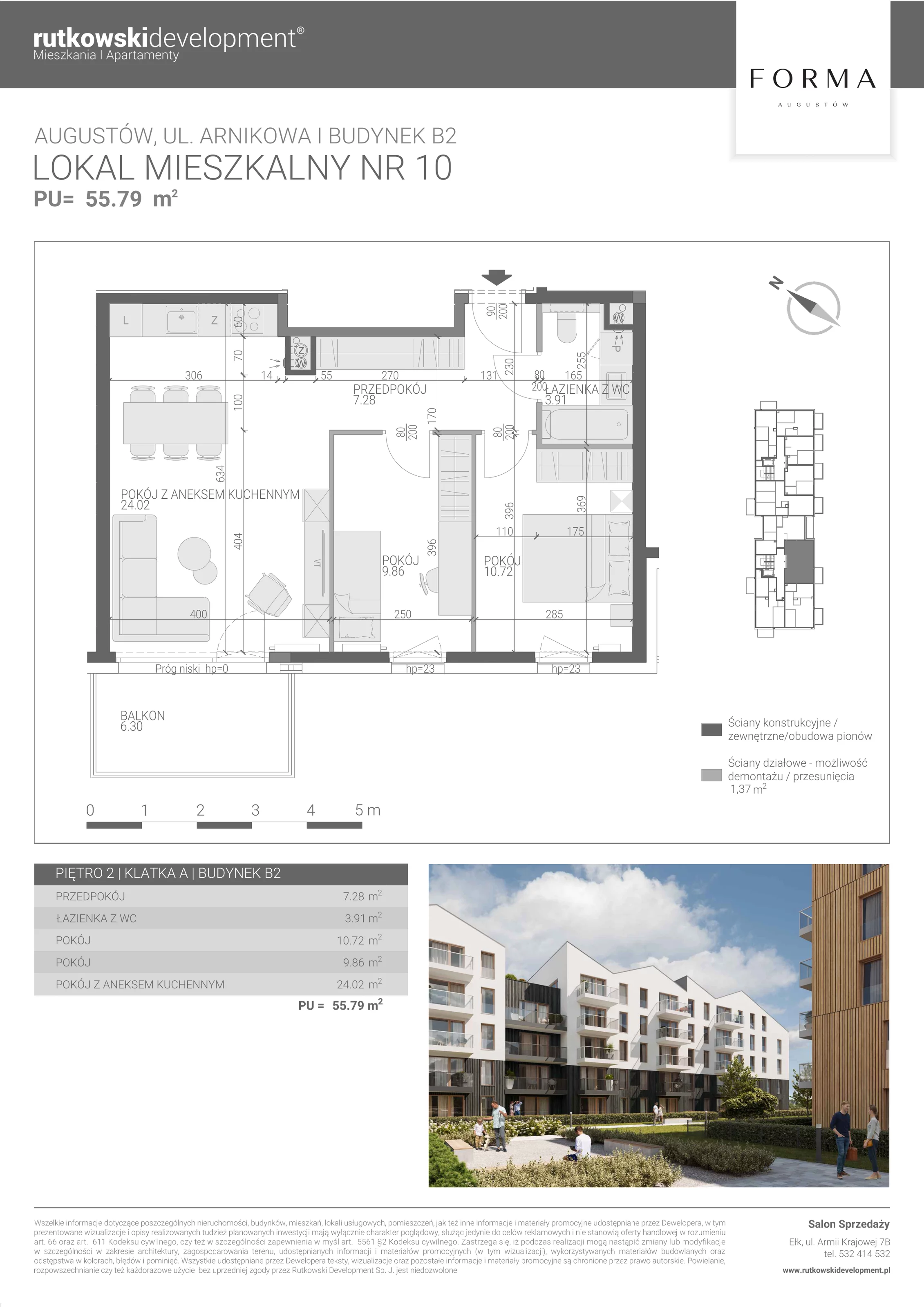3 pokoje, mieszkanie 55,79 m², piętro 2, oferta nr M-10, Forma Augustów, Augustów, ul. Arnikowa 10G