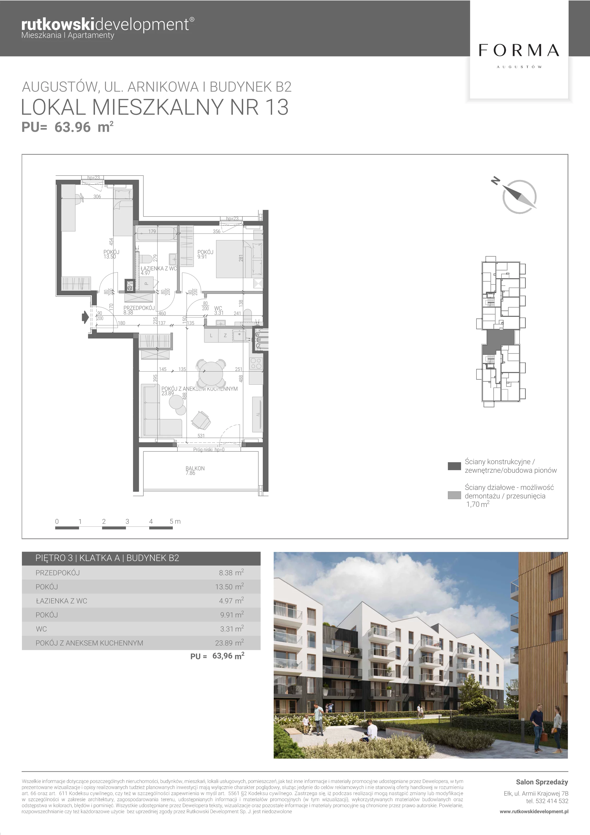 3 pokoje, mieszkanie 63,96 m², piętro 3, oferta nr M-13, Forma Augustów, Augustów, ul. Arnikowa 10G