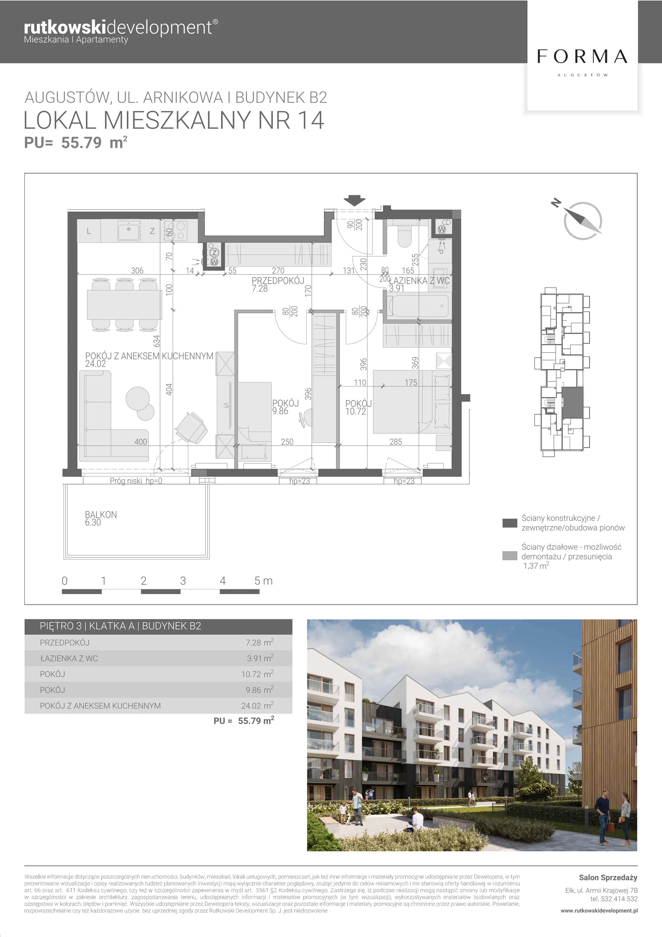 3 pokoje, mieszkanie 55,79 m², piętro 3, oferta nr M-14, Forma Augustów, Augustów, ul. Arnikowa 10G