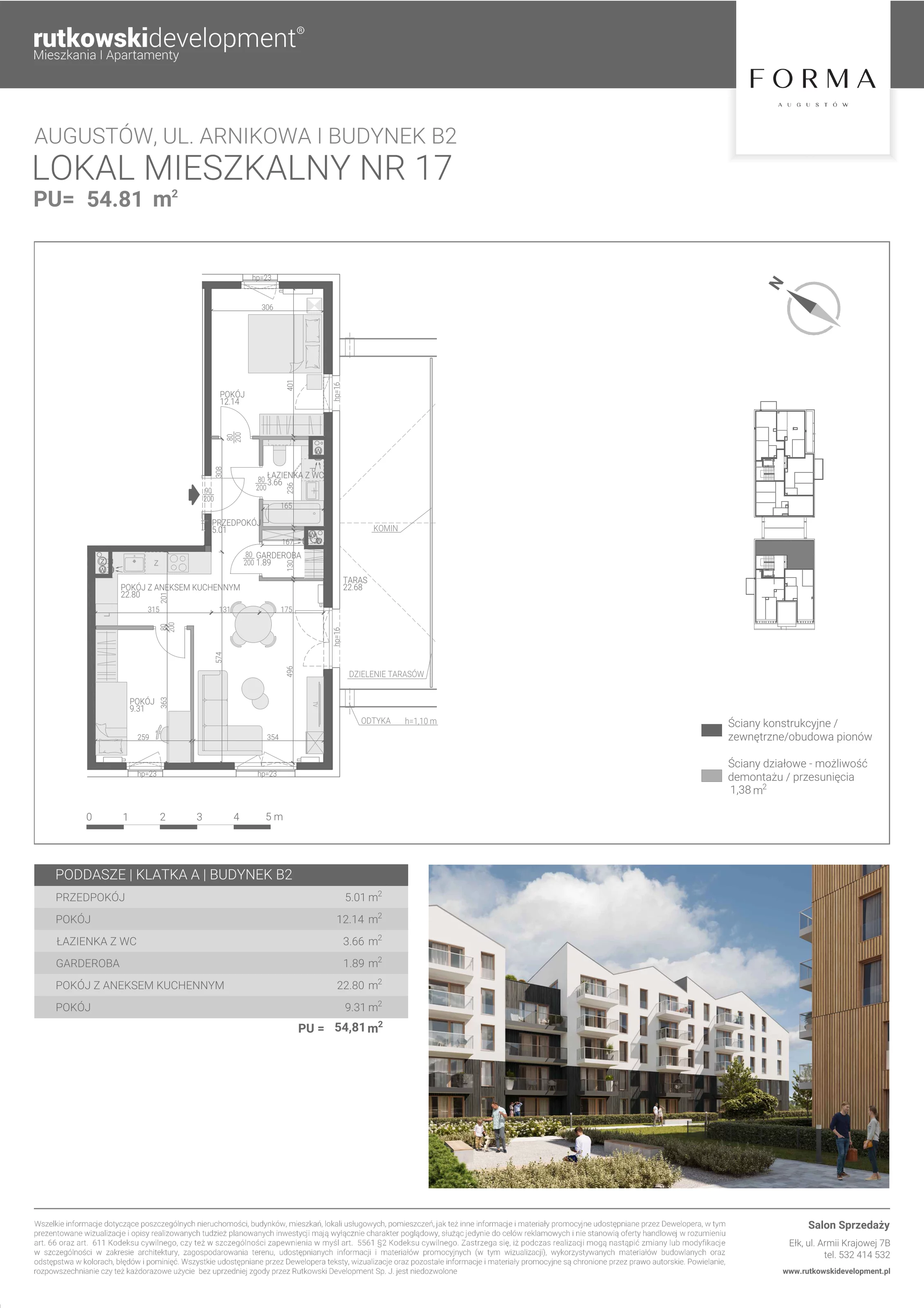 3 pokoje, mieszkanie 54,81 m², piętro 4, oferta nr M-17, Forma Augustów, Augustów, ul. Arnikowa 10G