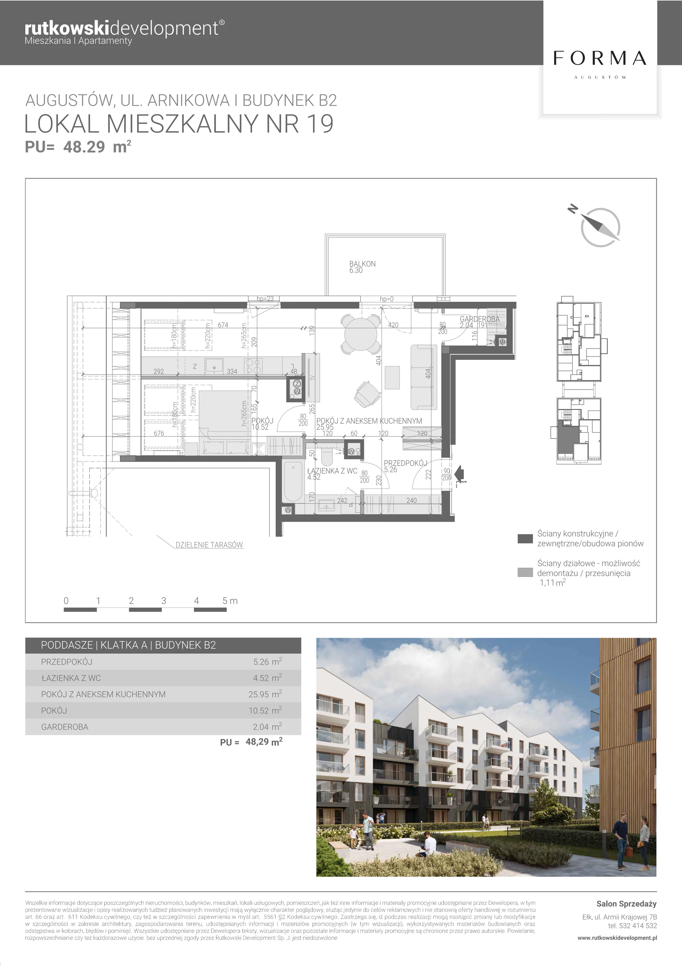 2 pokoje, mieszkanie 48,29 m², piętro 4, oferta nr M-19, Forma Augustów, Augustów, ul. Arnikowa 10G