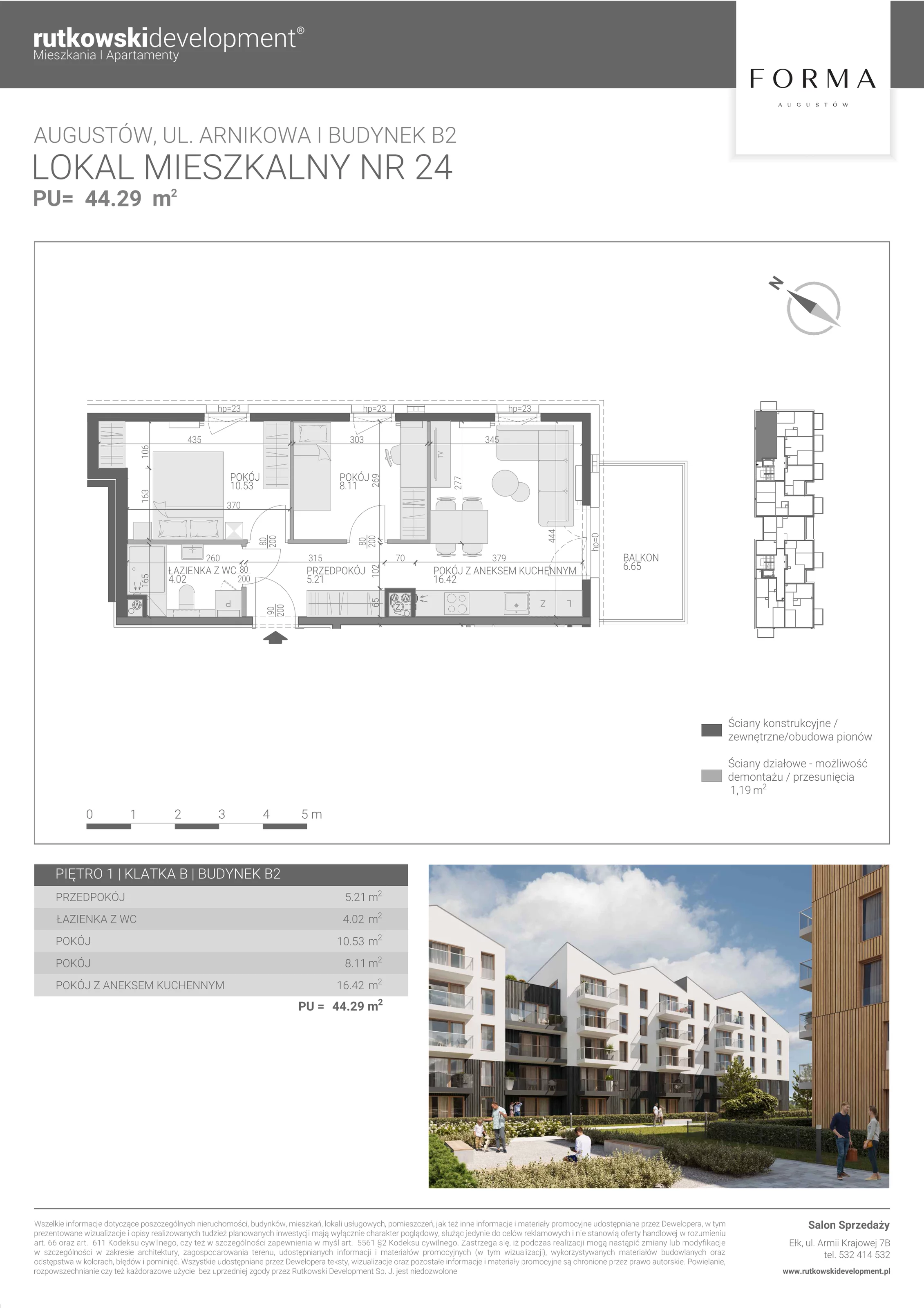 3 pokoje, mieszkanie 44,29 m², piętro 1, oferta nr M-24, Forma Augustów, Augustów, ul. Arnikowa 10G