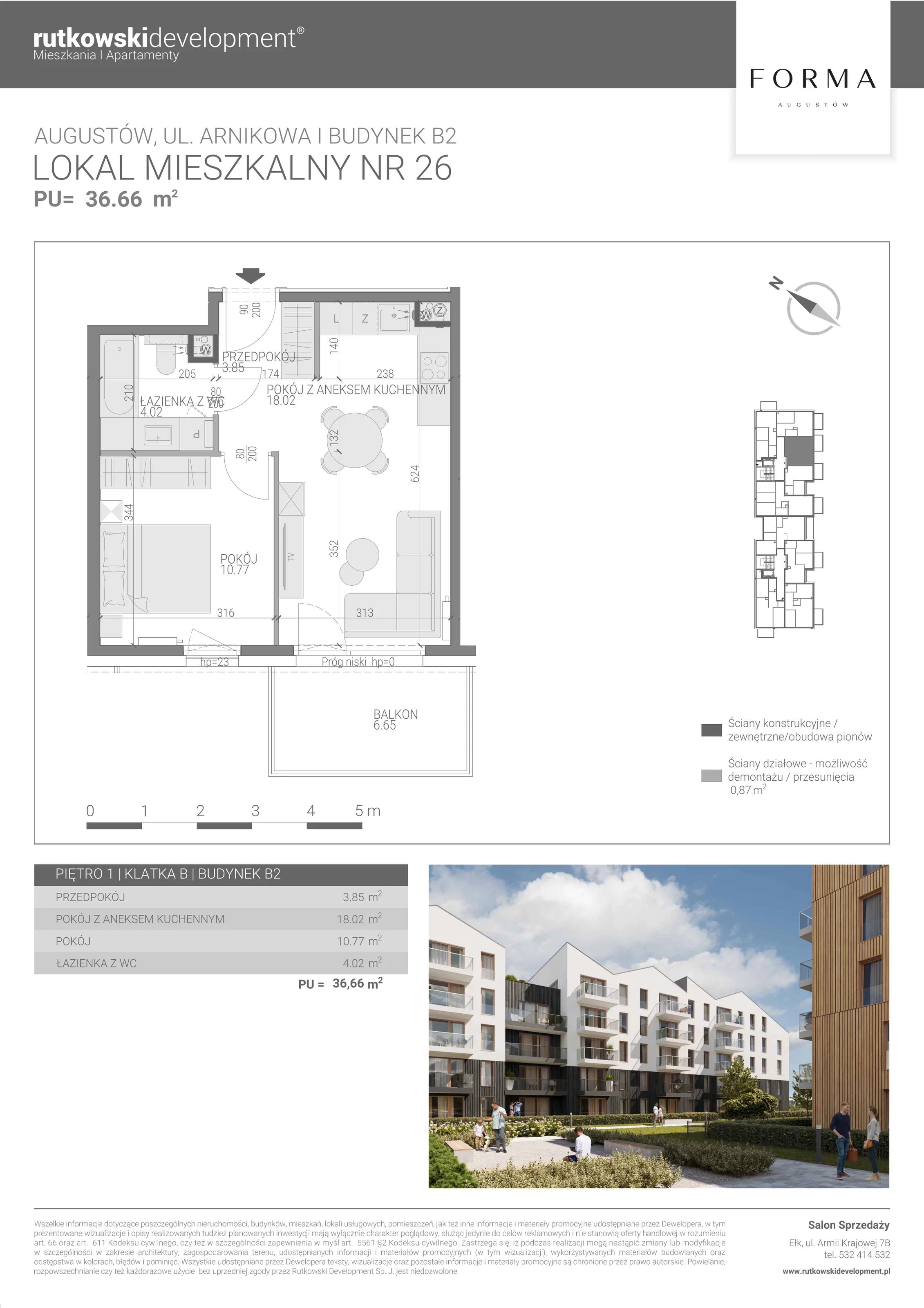 2 pokoje, mieszkanie 36,66 m², piętro 1, oferta nr M-26, Forma Augustów, Augustów, ul. Arnikowa 10G