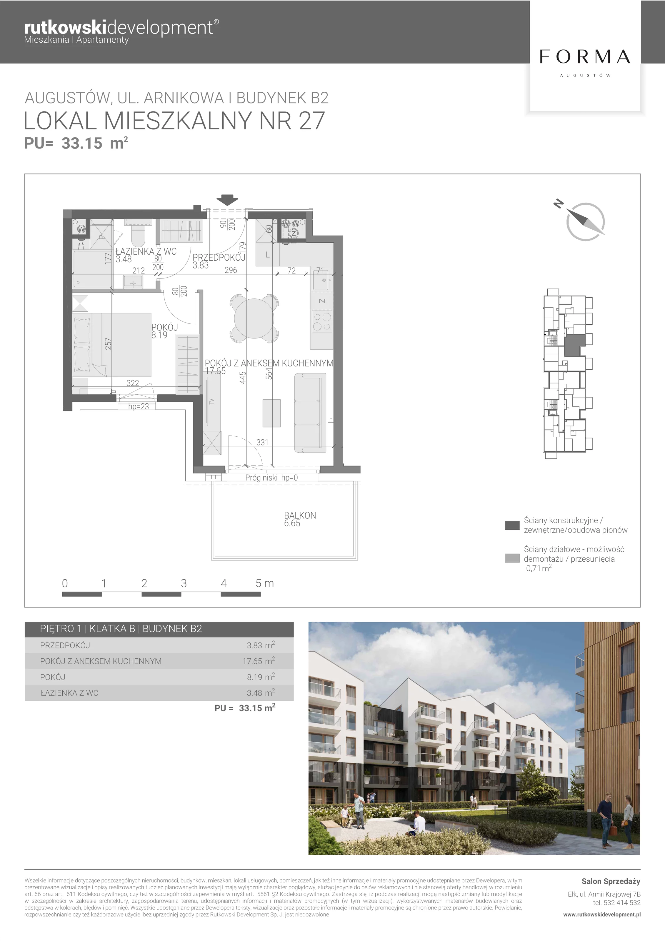 2 pokoje, mieszkanie 33,15 m², piętro 1, oferta nr M-27, Forma Augustów, Augustów, ul. Arnikowa 10G