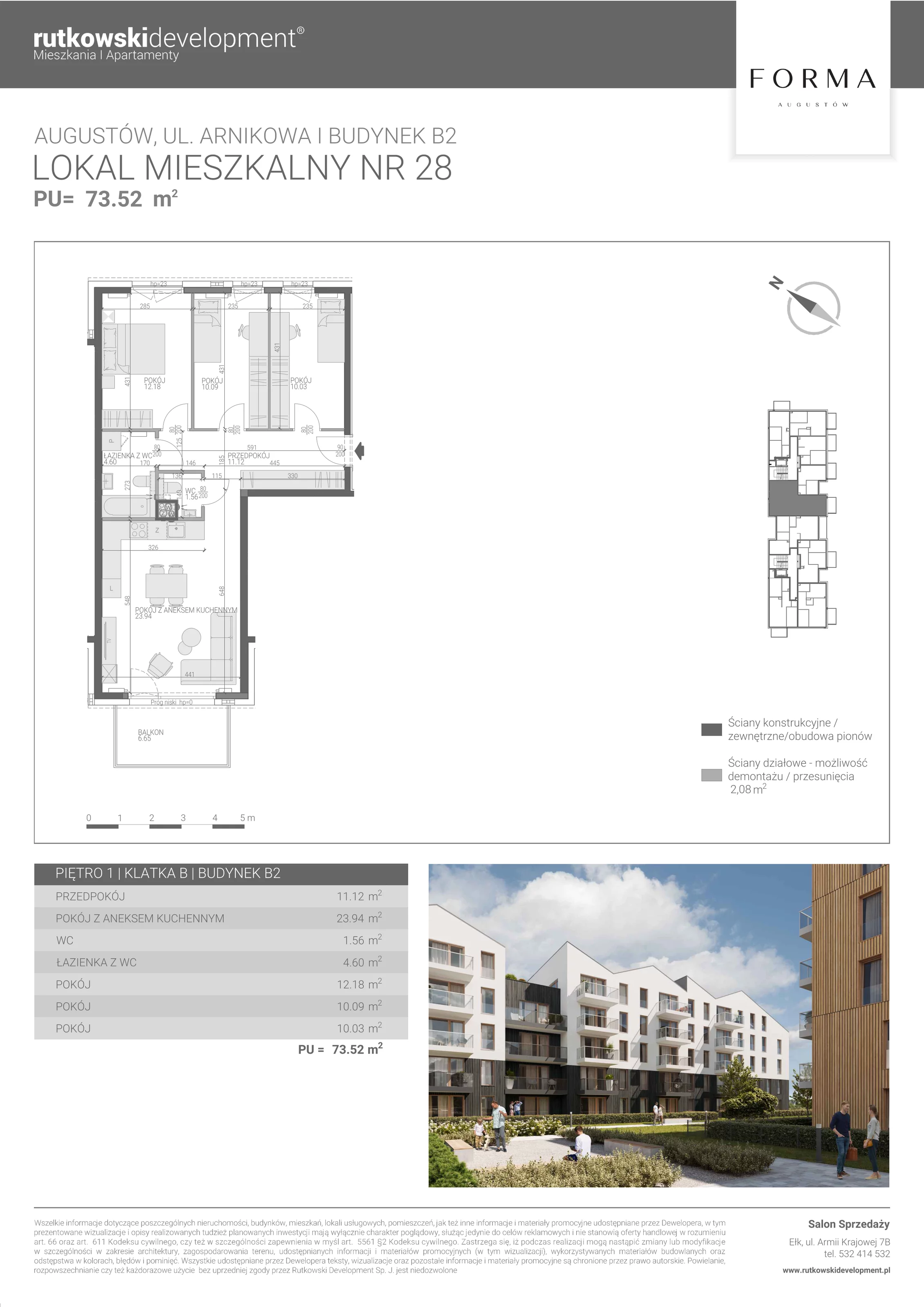 4 pokoje, mieszkanie 73,52 m², piętro 1, oferta nr M-28, Forma Augustów, Augustów, ul. Arnikowa 10G