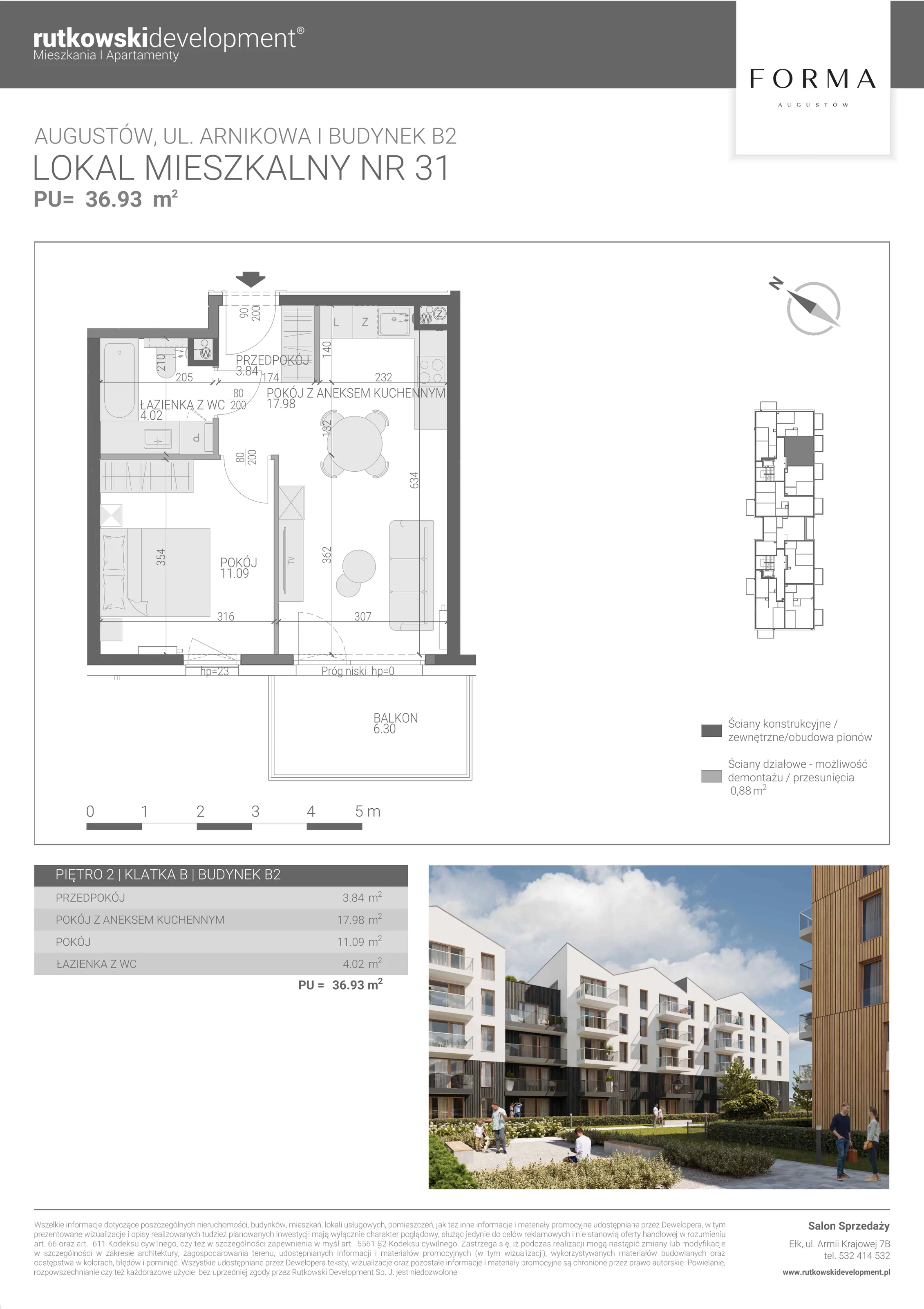 2 pokoje, mieszkanie 36,93 m², piętro 2, oferta nr M-31, Forma Augustów, Augustów, ul. Arnikowa 10G