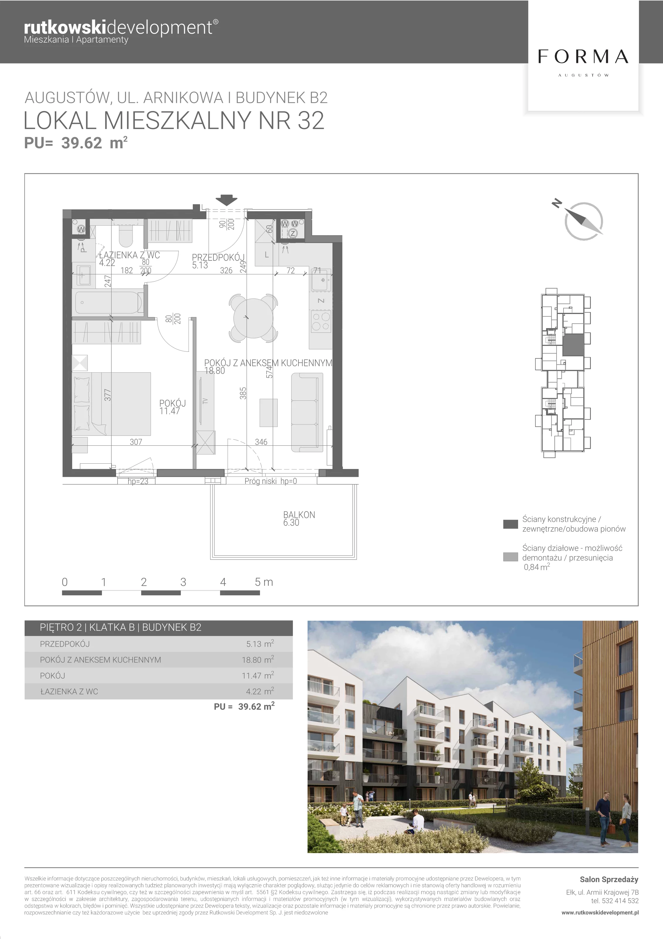 2 pokoje, mieszkanie 39,62 m², piętro 2, oferta nr M-32, Forma Augustów, Augustów, ul. Arnikowa 10G