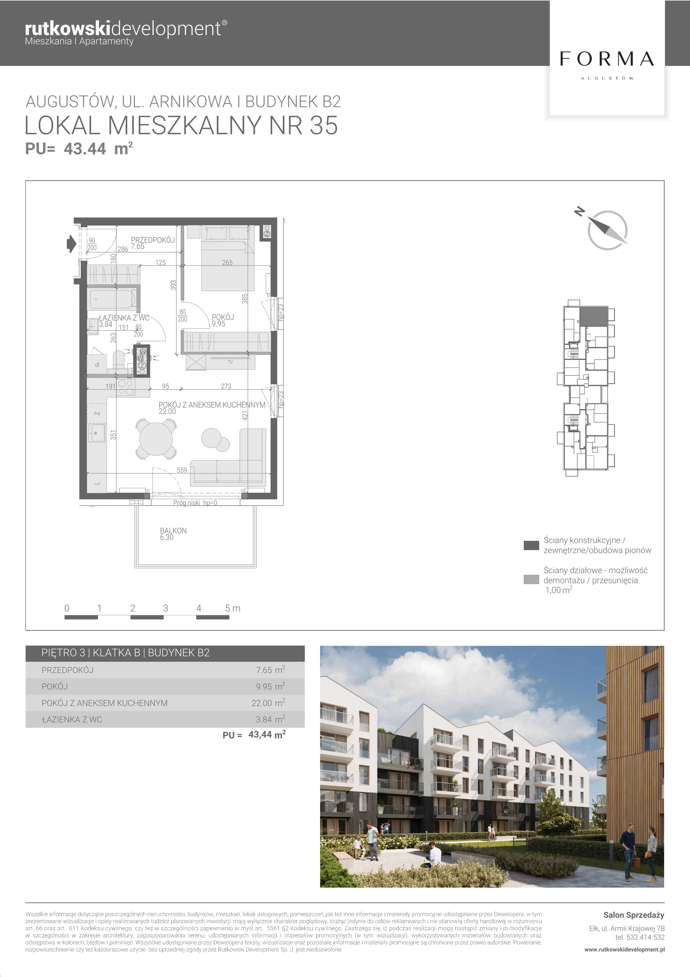 2 pokoje, mieszkanie 43,44 m², piętro 3, oferta nr M-35, Forma Augustów, Augustów, ul. Arnikowa 10G