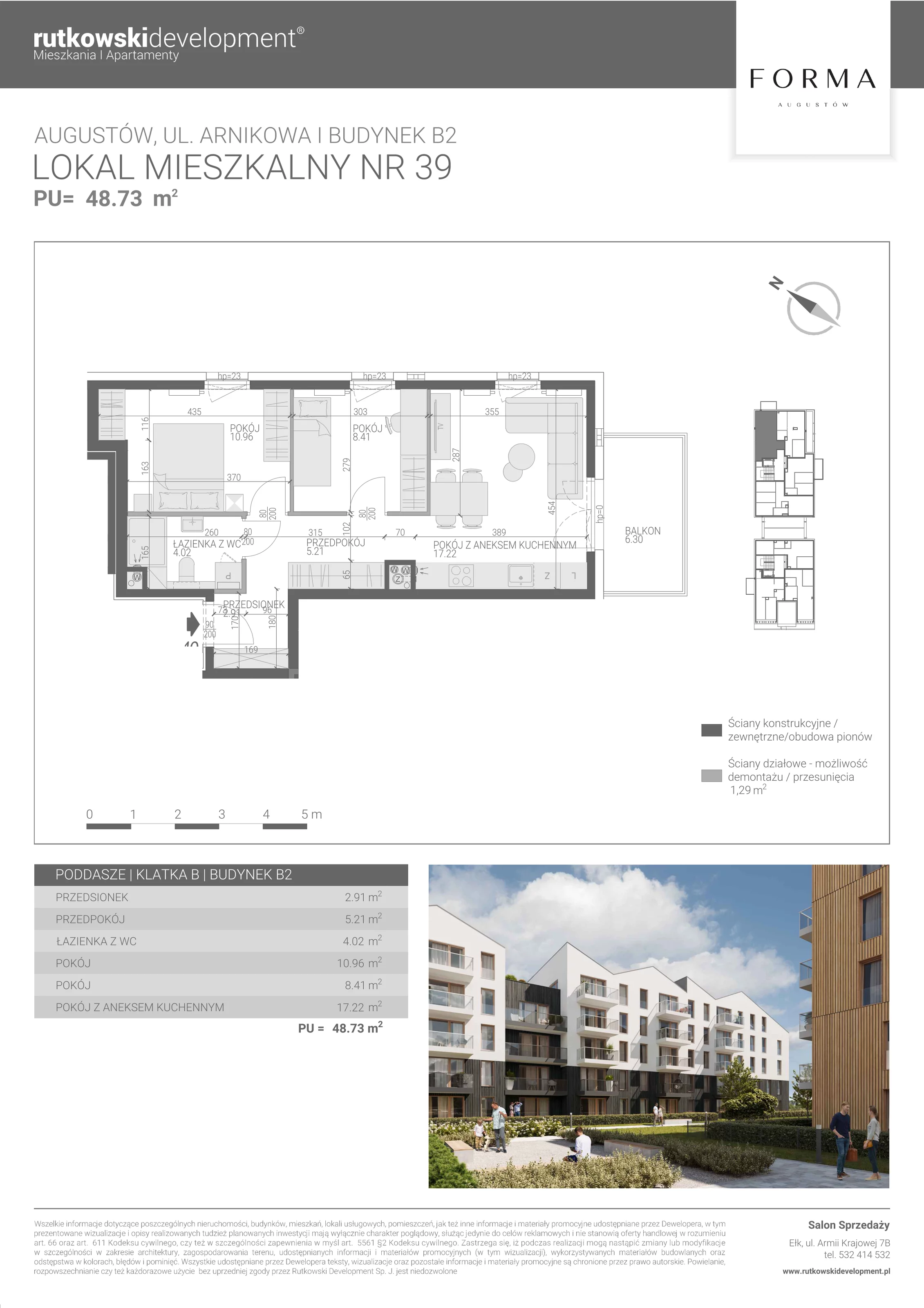 3 pokoje, mieszkanie 48,73 m², piętro 4, oferta nr M-39, Forma Augustów, Augustów, ul. Arnikowa 10G