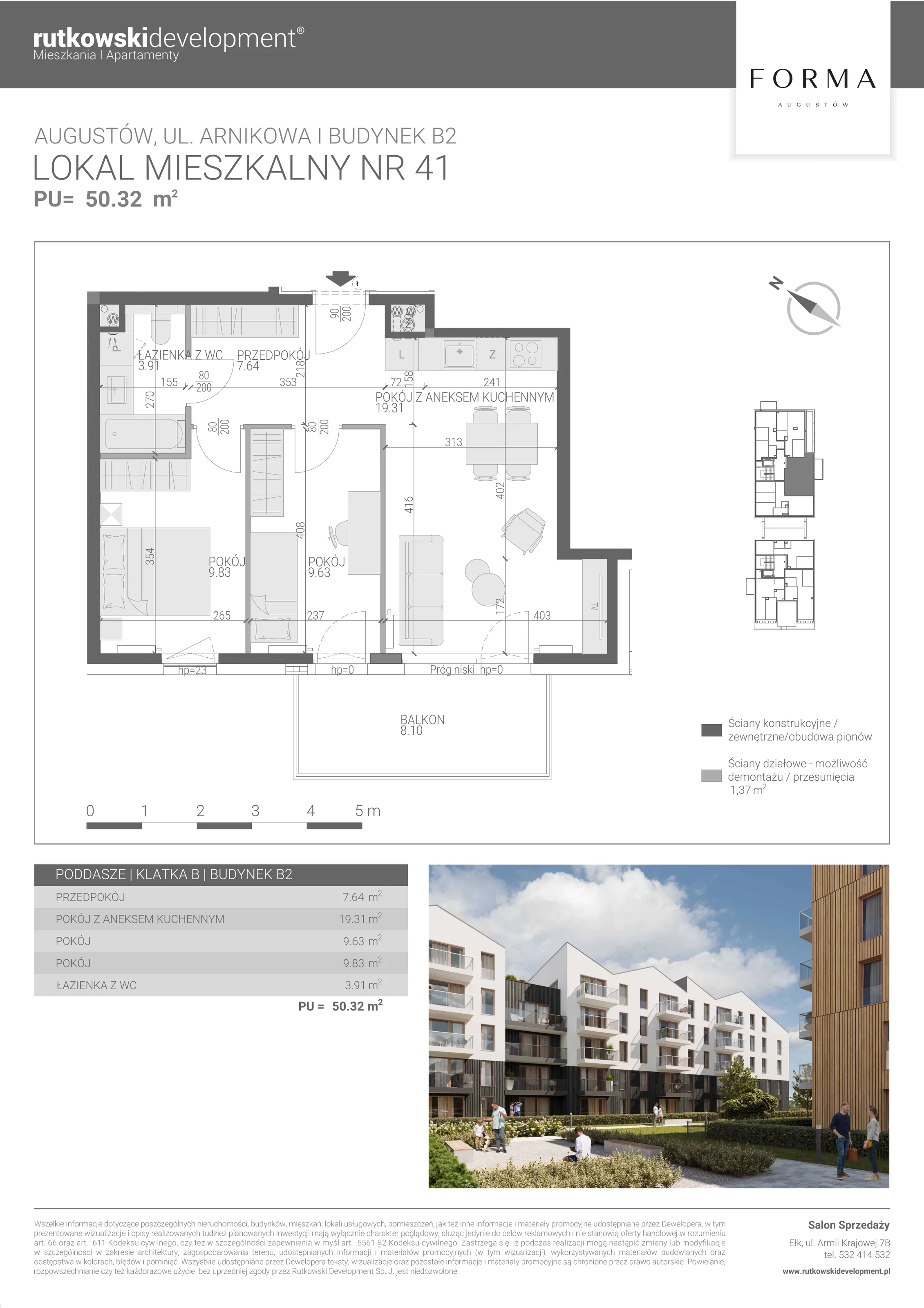 3 pokoje, mieszkanie 50,32 m², piętro 4, oferta nr M-41, Forma Augustów, Augustów, ul. Arnikowa 10G