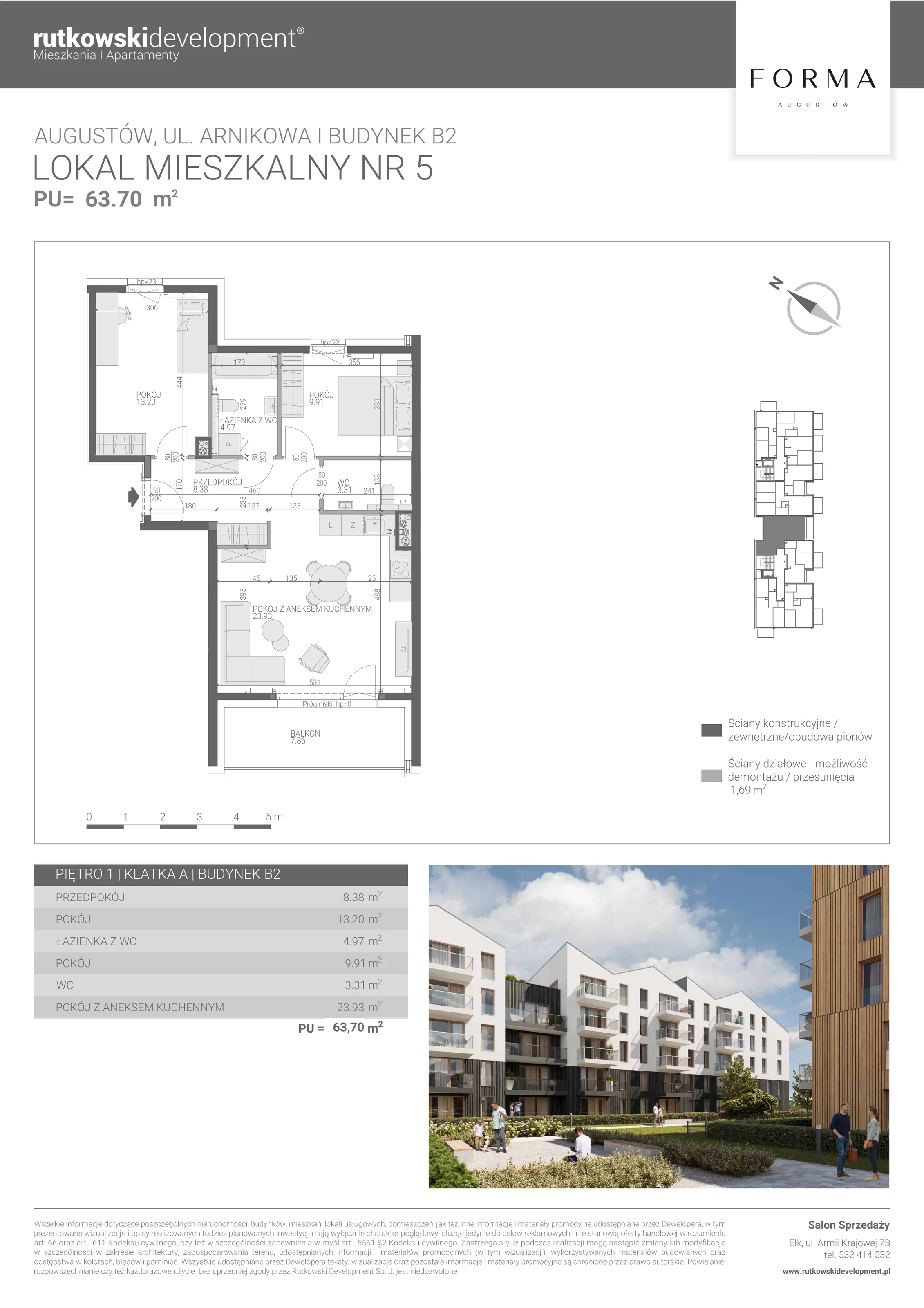 3 pokoje, mieszkanie 63,70 m², piętro 1, oferta nr M-5, Forma Augustów, Augustów, ul. Arnikowa 10G