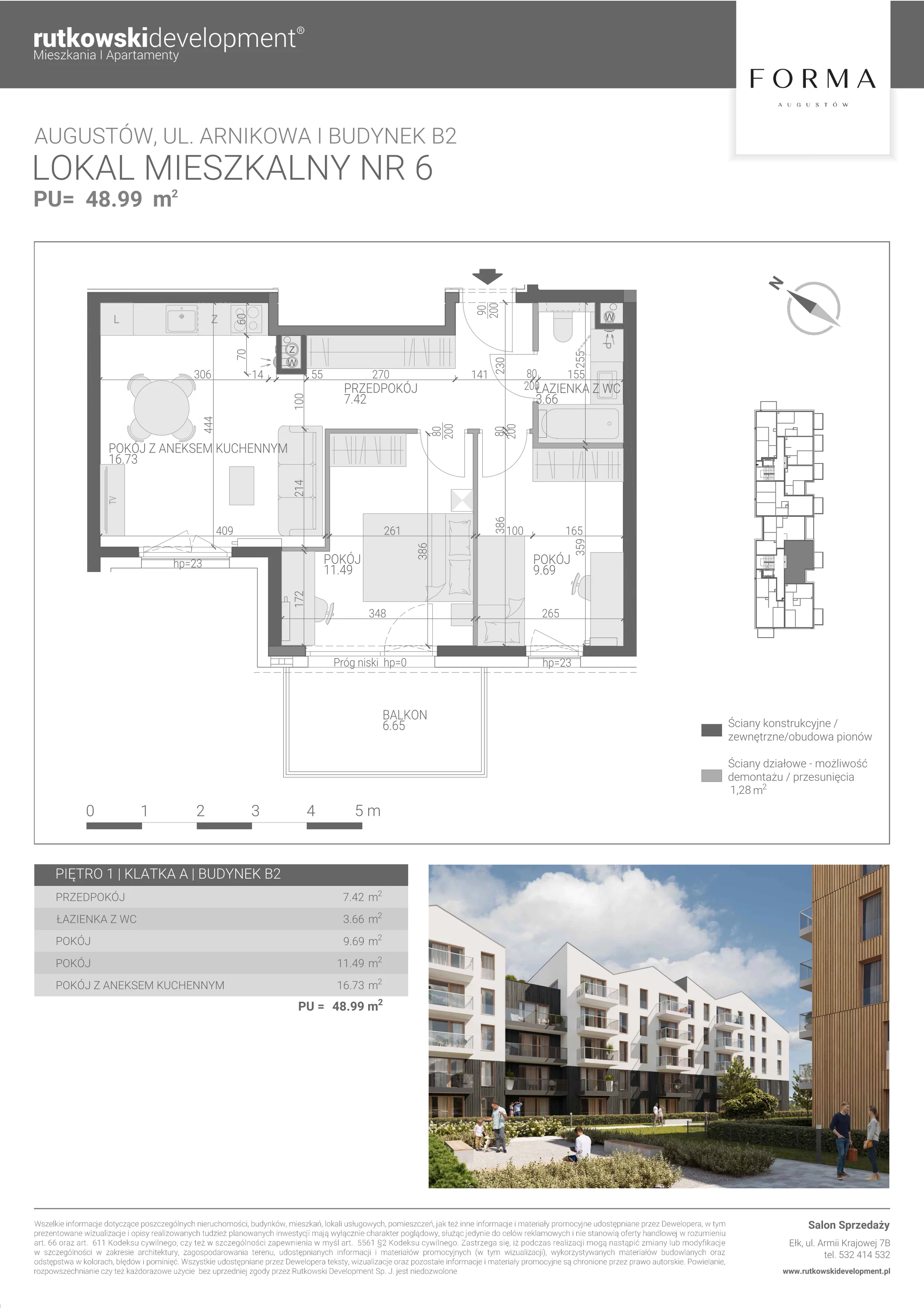 3 pokoje, mieszkanie 48,99 m², piętro 1, oferta nr M-6, Forma Augustów, Augustów, ul. Arnikowa 10G