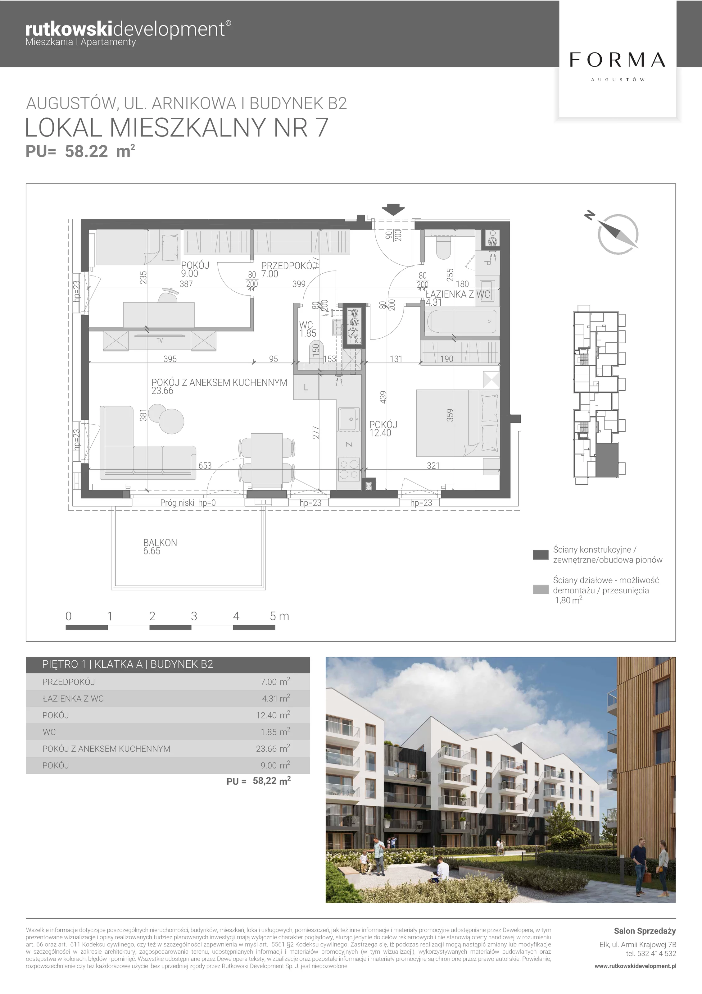 3 pokoje, mieszkanie 58,22 m², piętro 1, oferta nr M-7, Forma Augustów, Augustów, ul. Arnikowa 10G