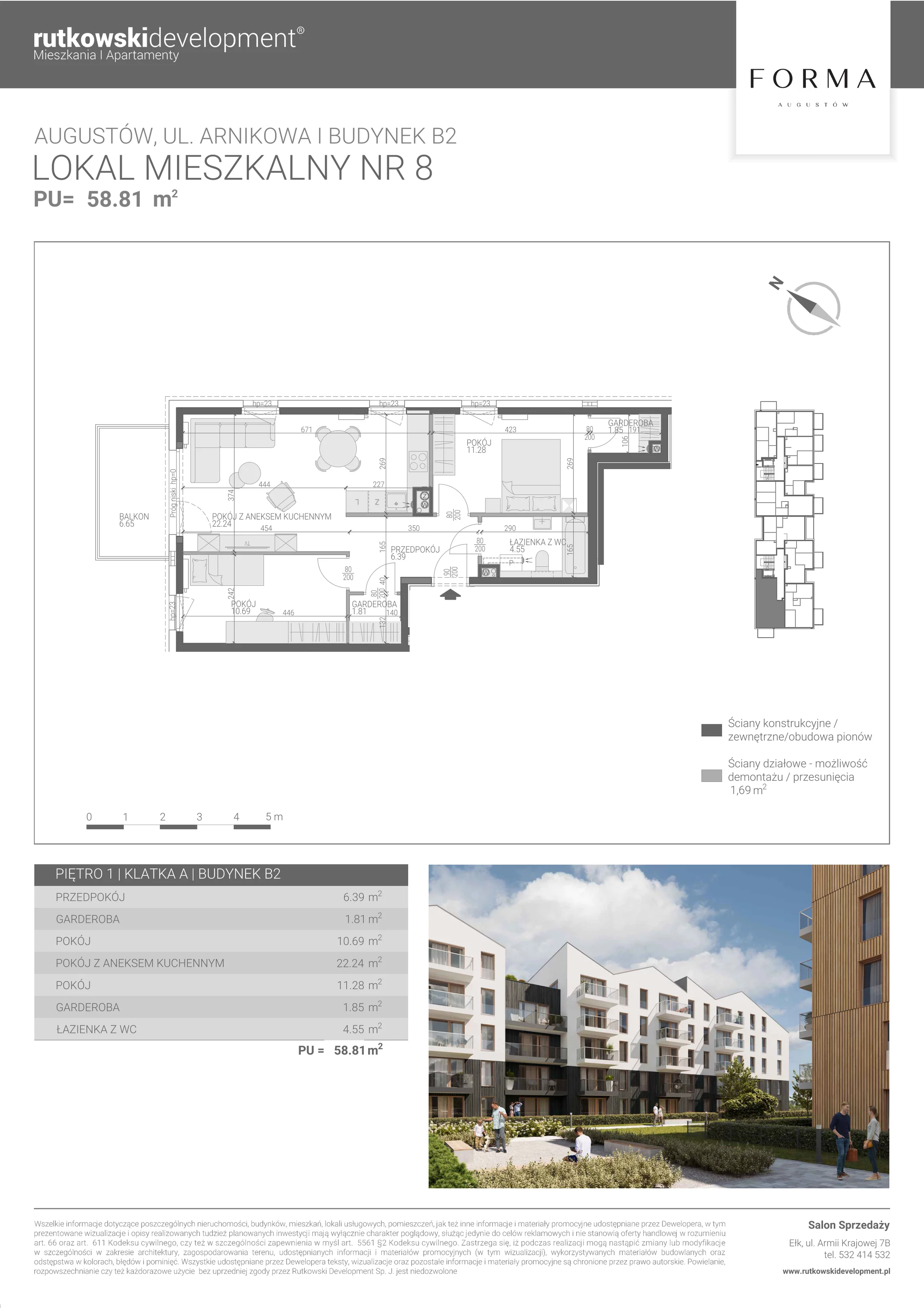 3 pokoje, mieszkanie 58,81 m², piętro 1, oferta nr M-8, Forma Augustów, Augustów, ul. Arnikowa 10G