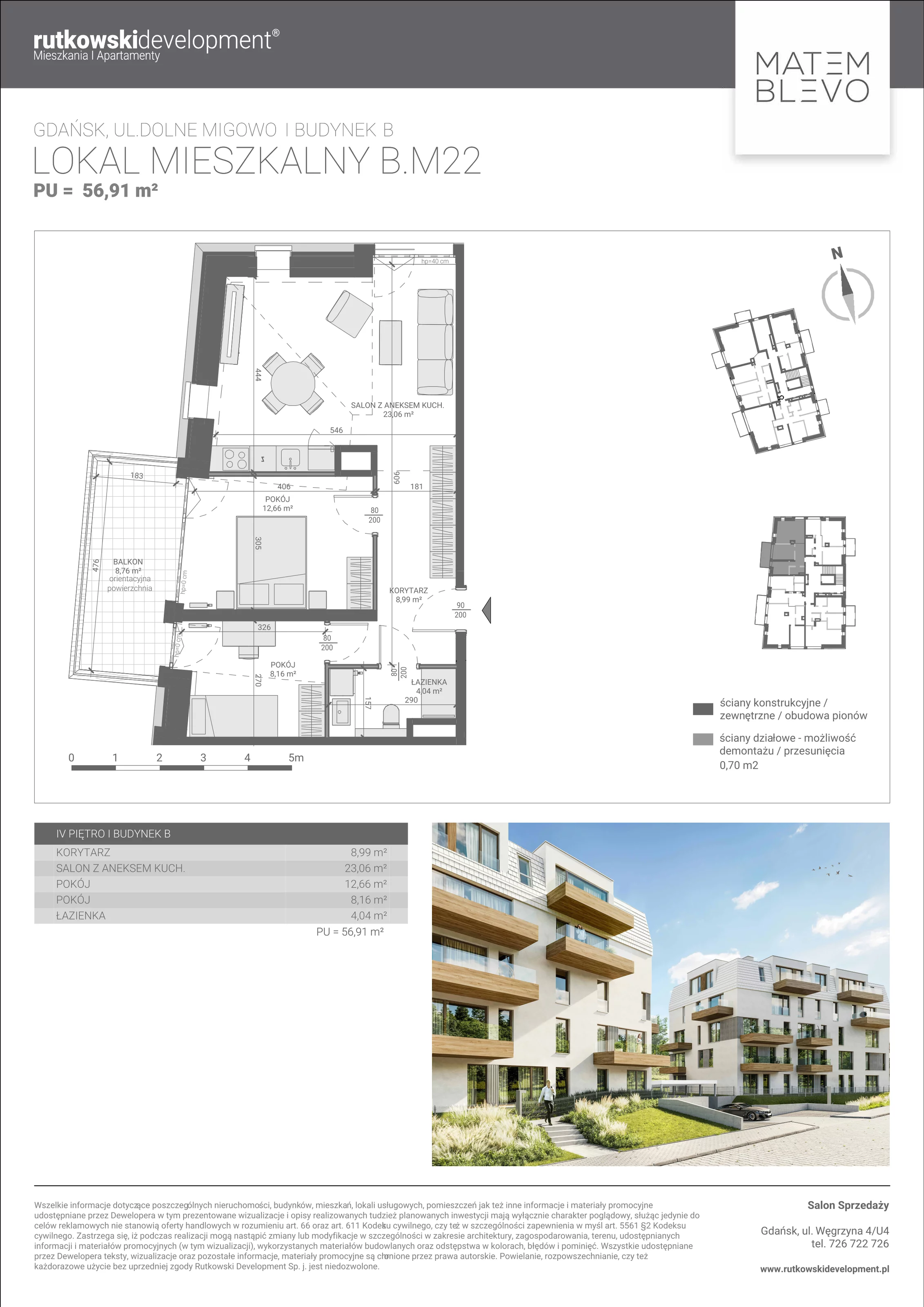 Mieszkanie 56,91 m², piętro 4, oferta nr B.M22, Matemblevo, Gdańsk, Brętowo, ul. Dolne Migowo 23 D