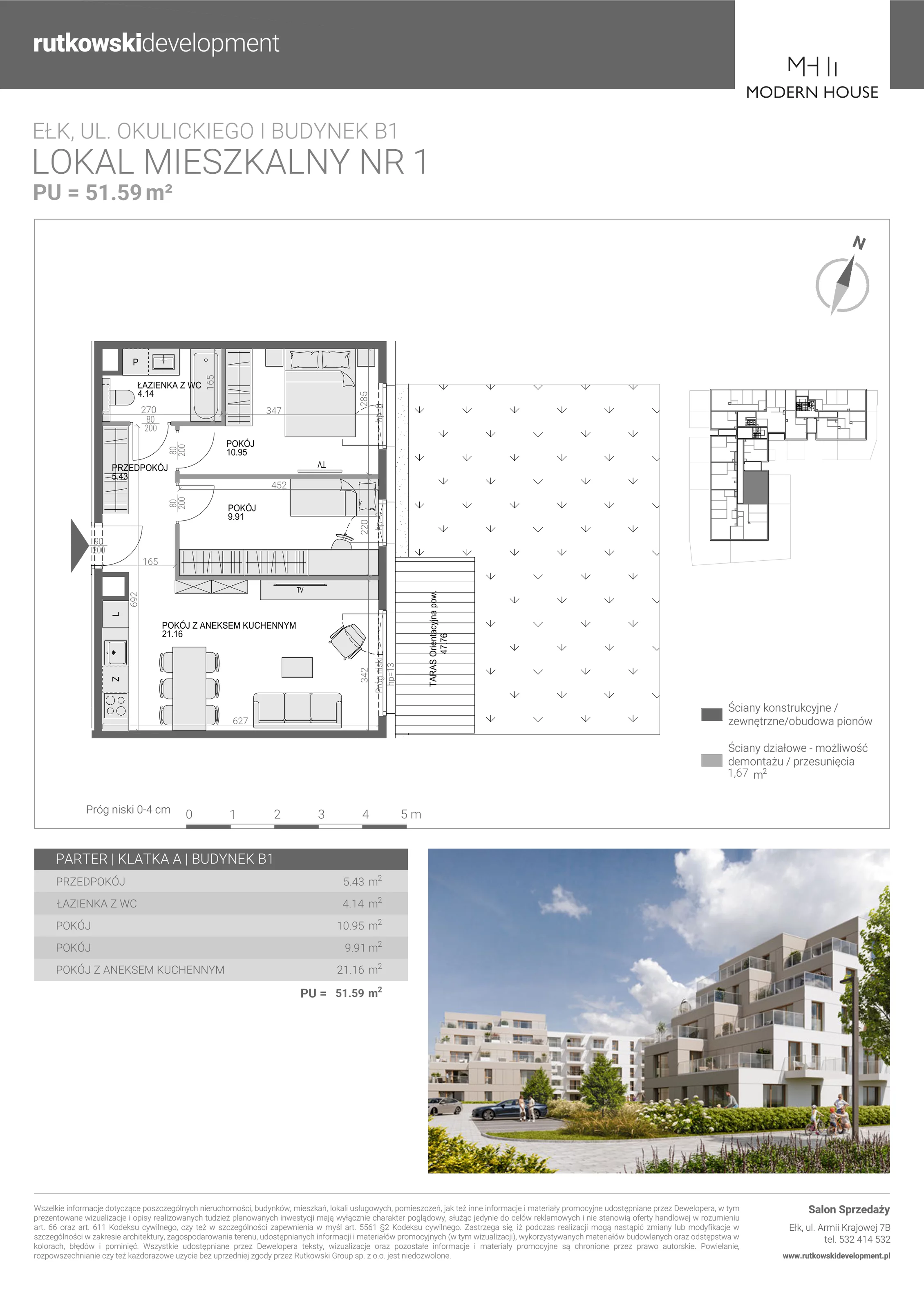 3 pokoje, mieszkanie 51,59 m², parter, oferta nr M-1, Modern House 2, Ełk, Konieczki, ul. Gen. Leopolda Okulickiego 8