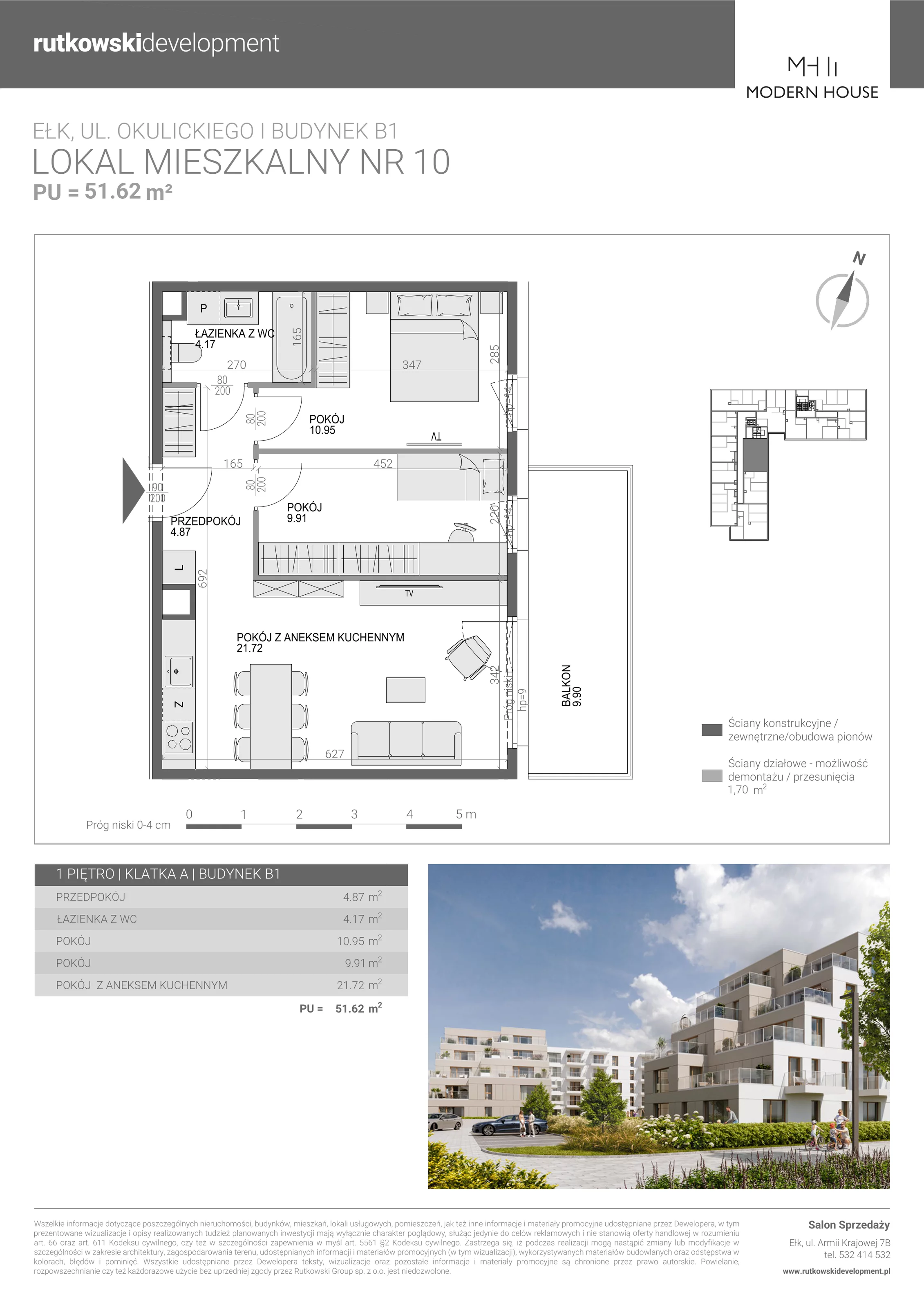 3 pokoje, mieszkanie 51,62 m², piętro 1, oferta nr M-10, Modern House 2, Ełk, Konieczki, ul. Gen. Leopolda Okulickiego 8