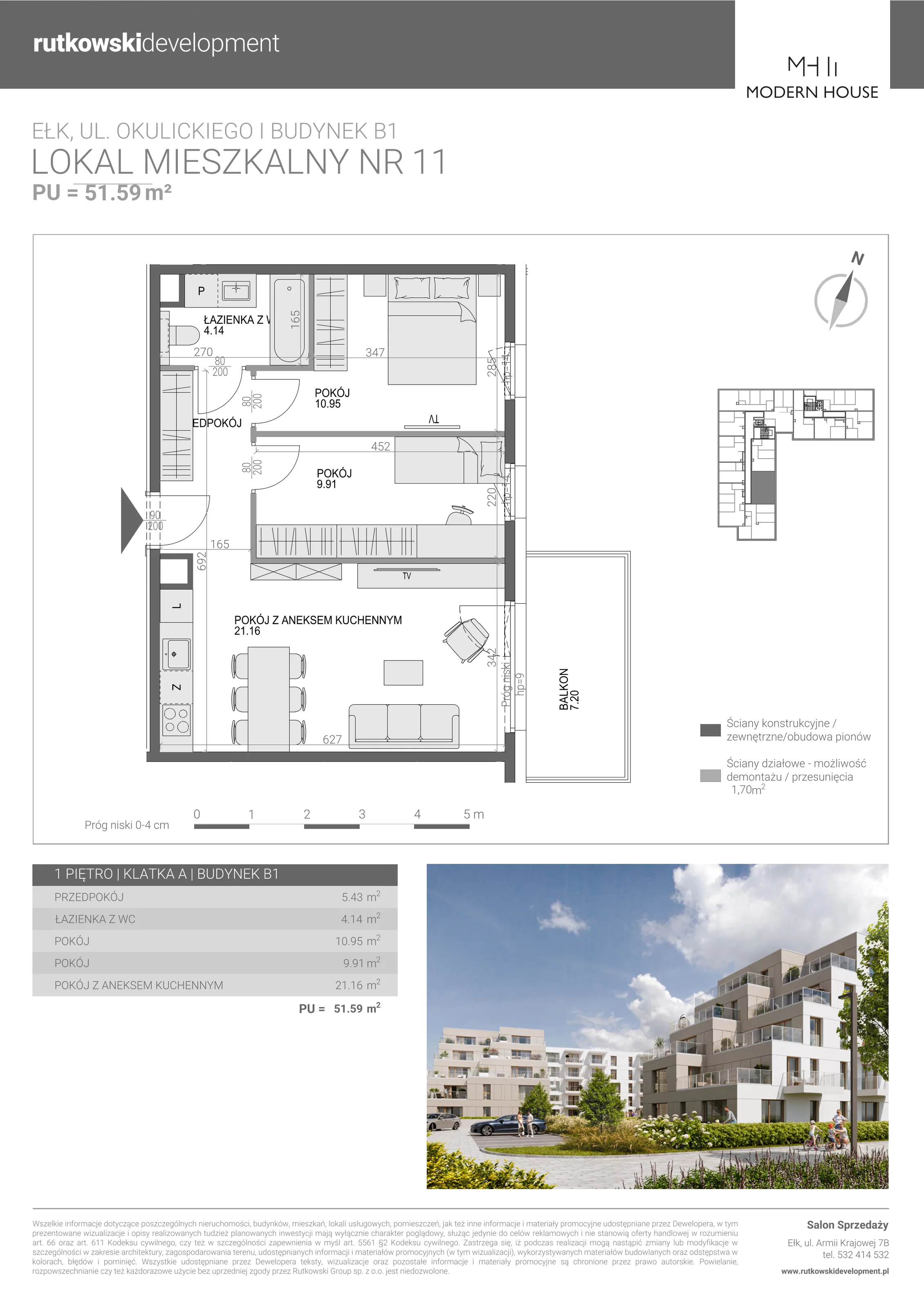 3 pokoje, mieszkanie 51,59 m², piętro 1, oferta nr M-11, Modern House 2, Ełk, Konieczki, ul. Gen. Leopolda Okulickiego 8