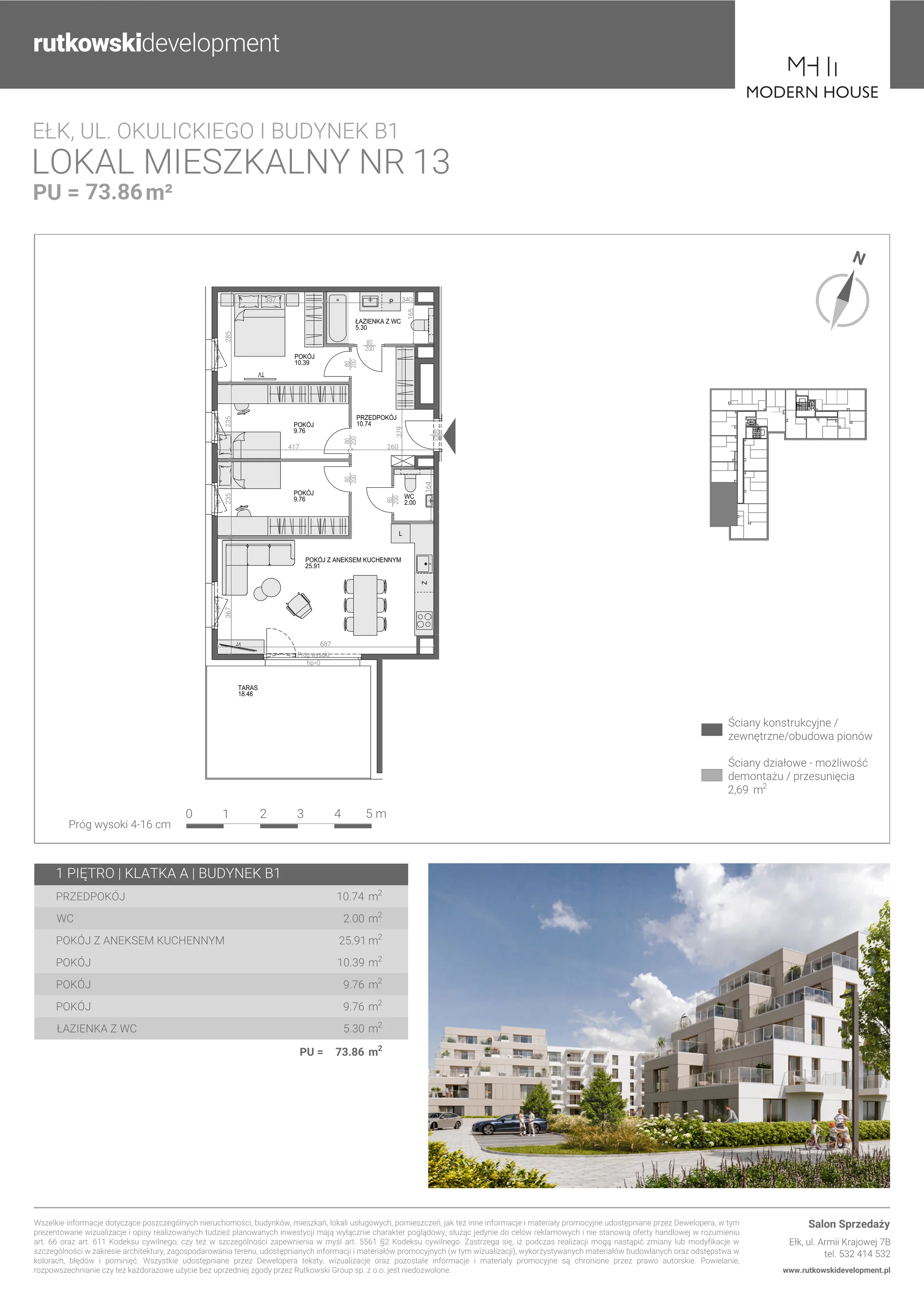 4 pokoje, mieszkanie 73,86 m², piętro 1, oferta nr M-13, Modern House 2, Ełk, Konieczki, ul. Gen. Leopolda Okulickiego 8