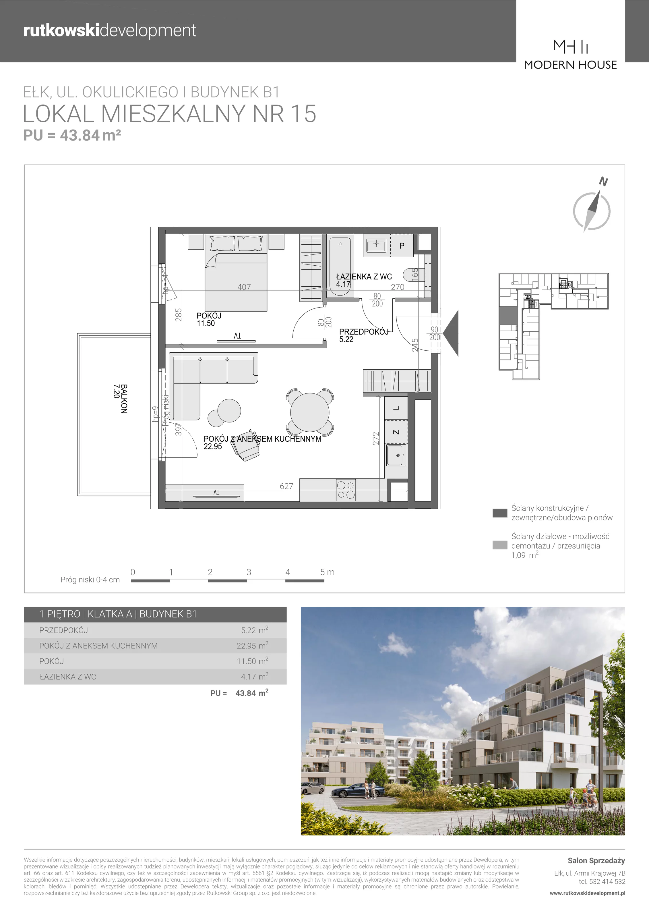 2 pokoje, mieszkanie 43,84 m², piętro 1, oferta nr M-15, Modern House 2, Ełk, Konieczki, ul. Gen. Leopolda Okulickiego 8