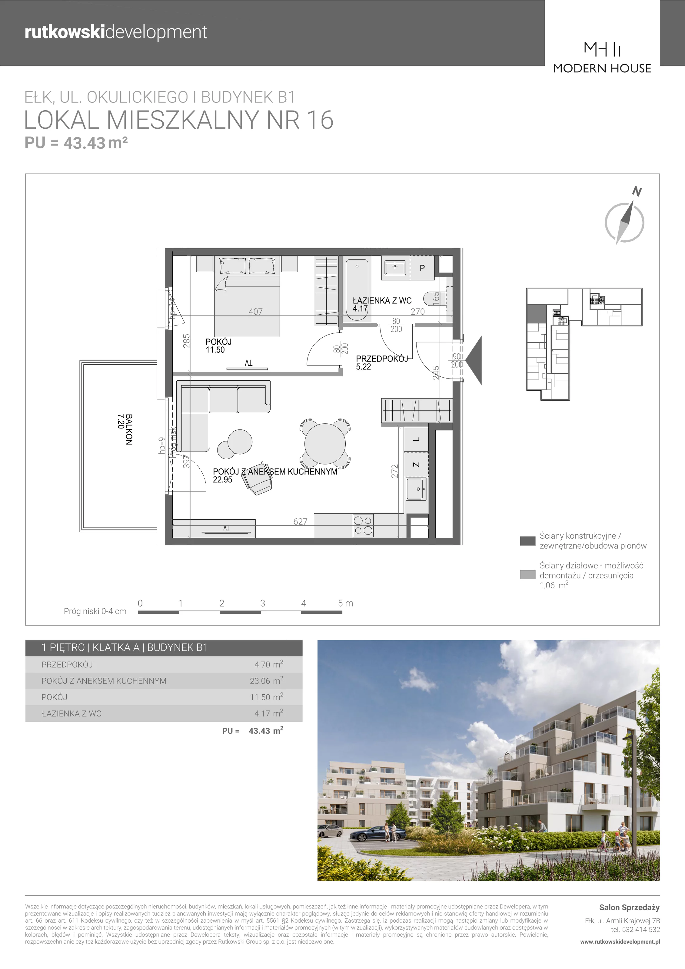2 pokoje, mieszkanie 43,43 m², piętro 1, oferta nr M-16, Modern House 2, Ełk, Konieczki, ul. Gen. Leopolda Okulickiego 8
